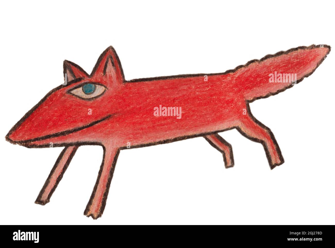 Ilustración hecha con lápices de colores de un zorro rojo riendo. Foto de stock