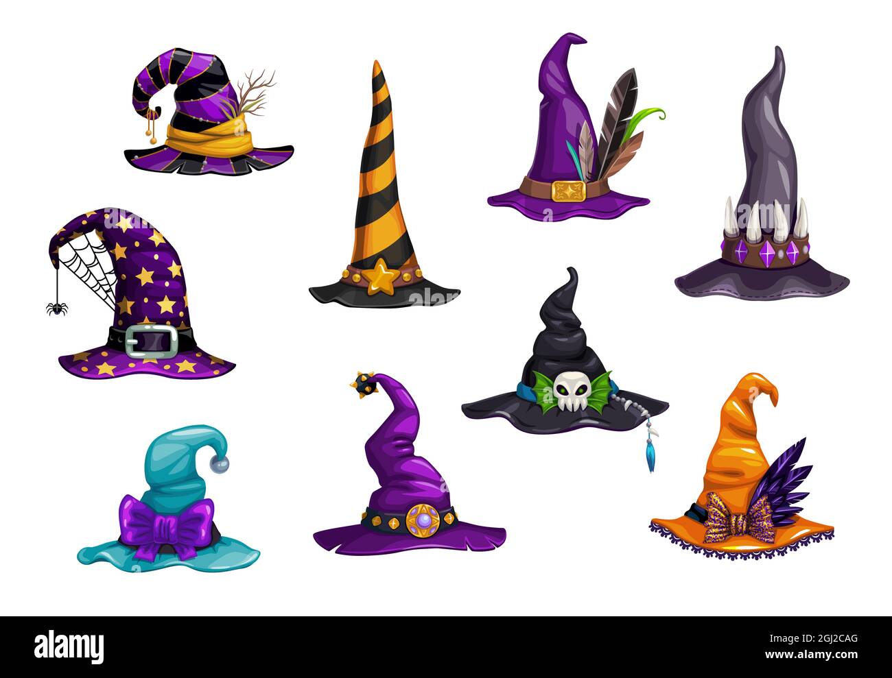 Sombreros o gorros de bruja, mago y mago de dibujos animados. Sombreros de  vector de carnaval de Halloween. Carácter de fantasía, hechicero o elemento  de vestuario de mago con spid Imagen Vector