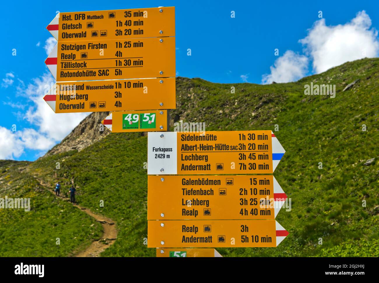 Señal para rutas de senderismo en el Furkapass, Valais, Suiza Foto de stock