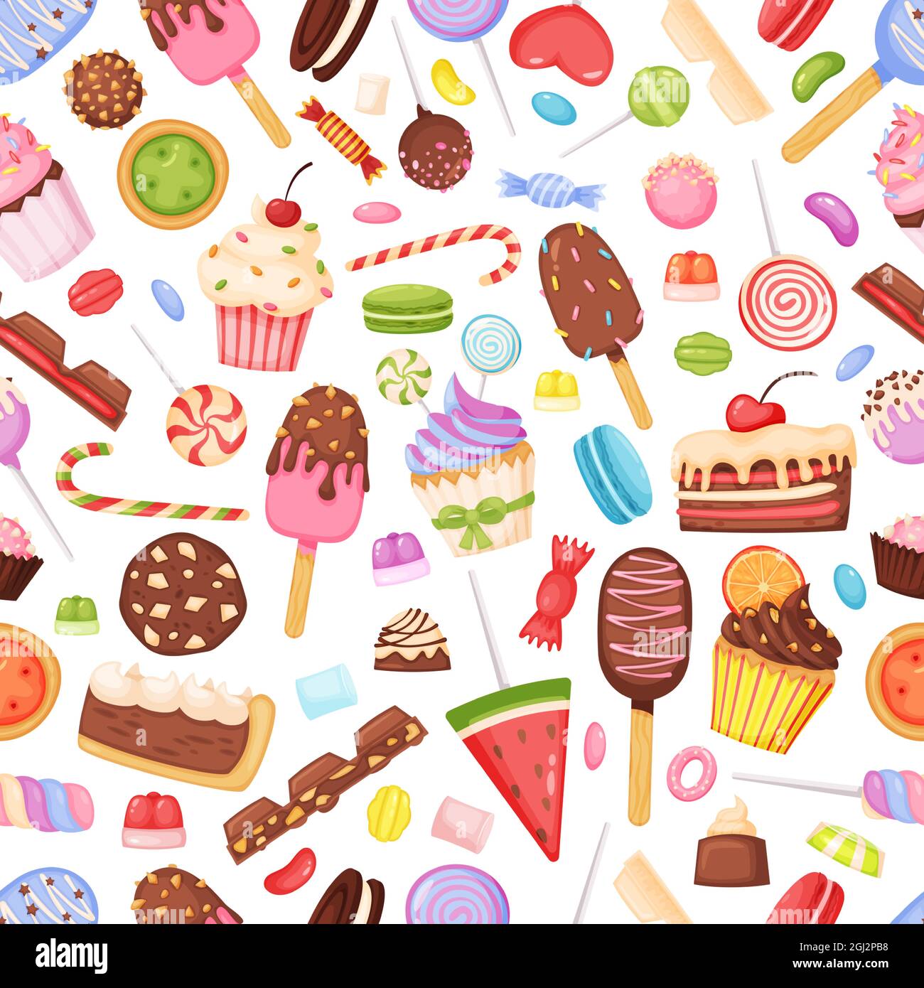 Dulces y caramelos de dibujos animados, postres deliciosos sin costuras  patrón. Cupcake, chocolate, lollipop, helado. Panadería y confitería de  fondo. Sabrosas tartas y dulces para telas o textiles Imagen Vector de  stock -
