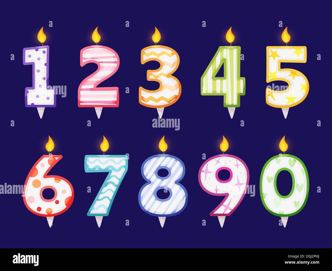 Números de velas ardientes para la decoración de pasteles, celebración de  cumpleaños. Los niños cumpleaños o aniversario número de velas con llamas  vector conjunto. Decoración sorpresa de vacaciones para pastel o cupcake