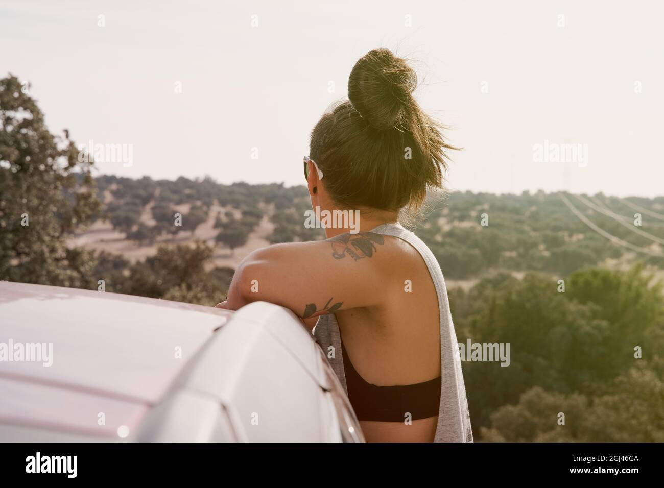 Vista trasera de una mujer disfrutando en un coche en un campo al atardecer. Foto de stock