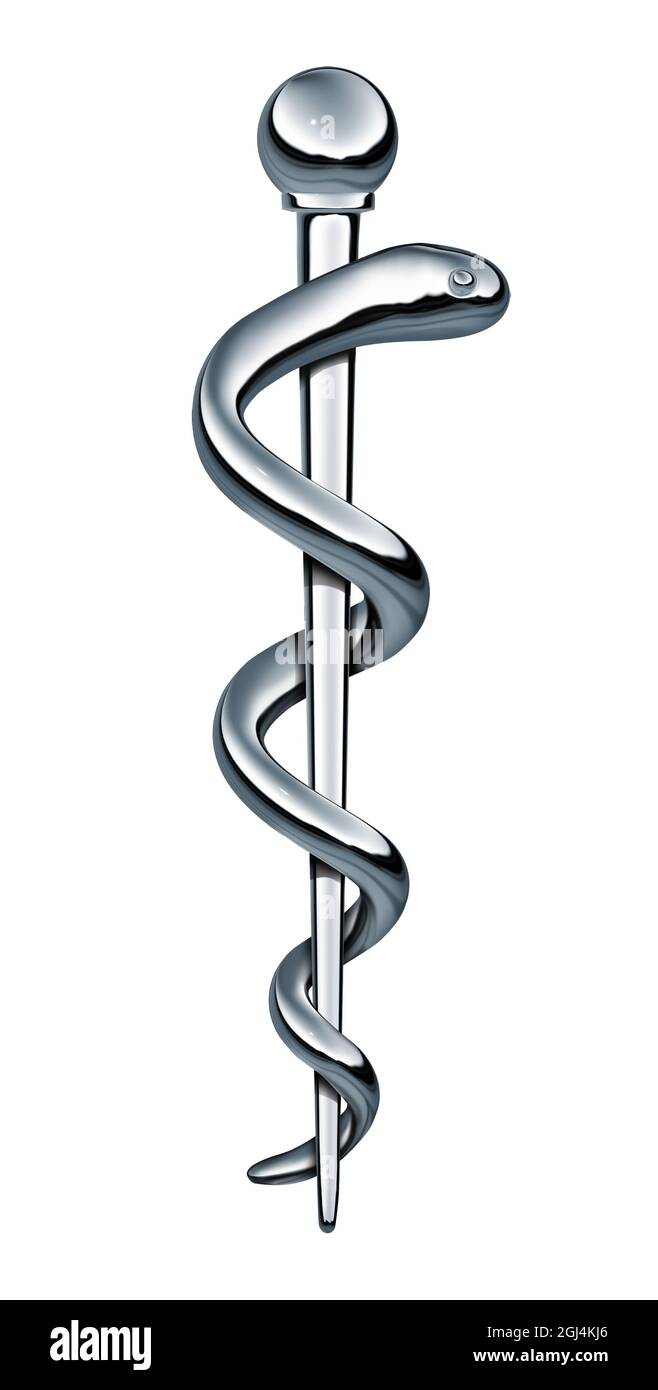 Vara de Asclepius símbolo médico como un icono de la medicina y el cuidado de la salud con una serpiente que se arrastra en un poste como una ilustración 3D aislado. Foto de stock