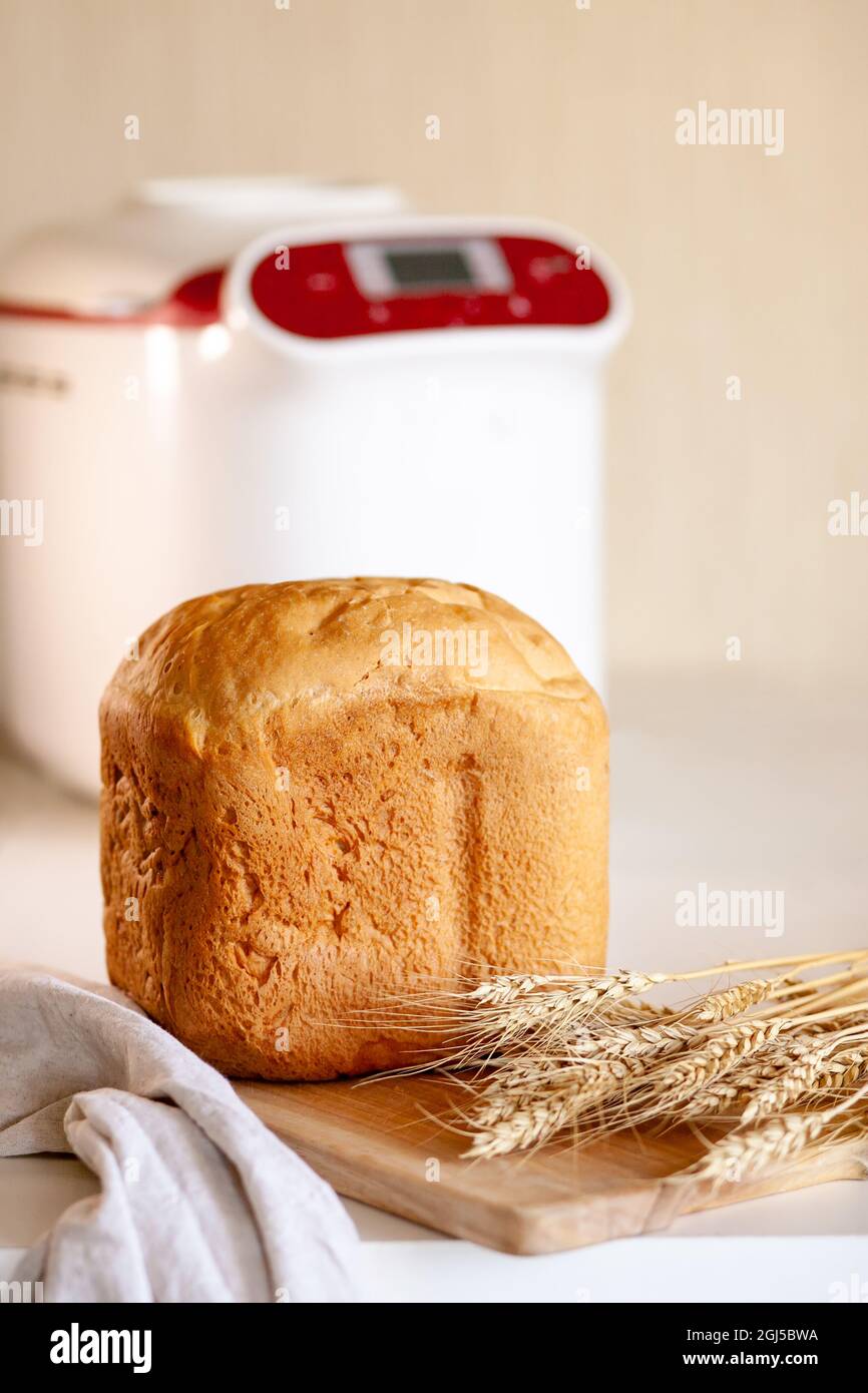 Pan de una panificadora con spikelets de trigo en una tabla con servilleta de cocina. Foto de stock