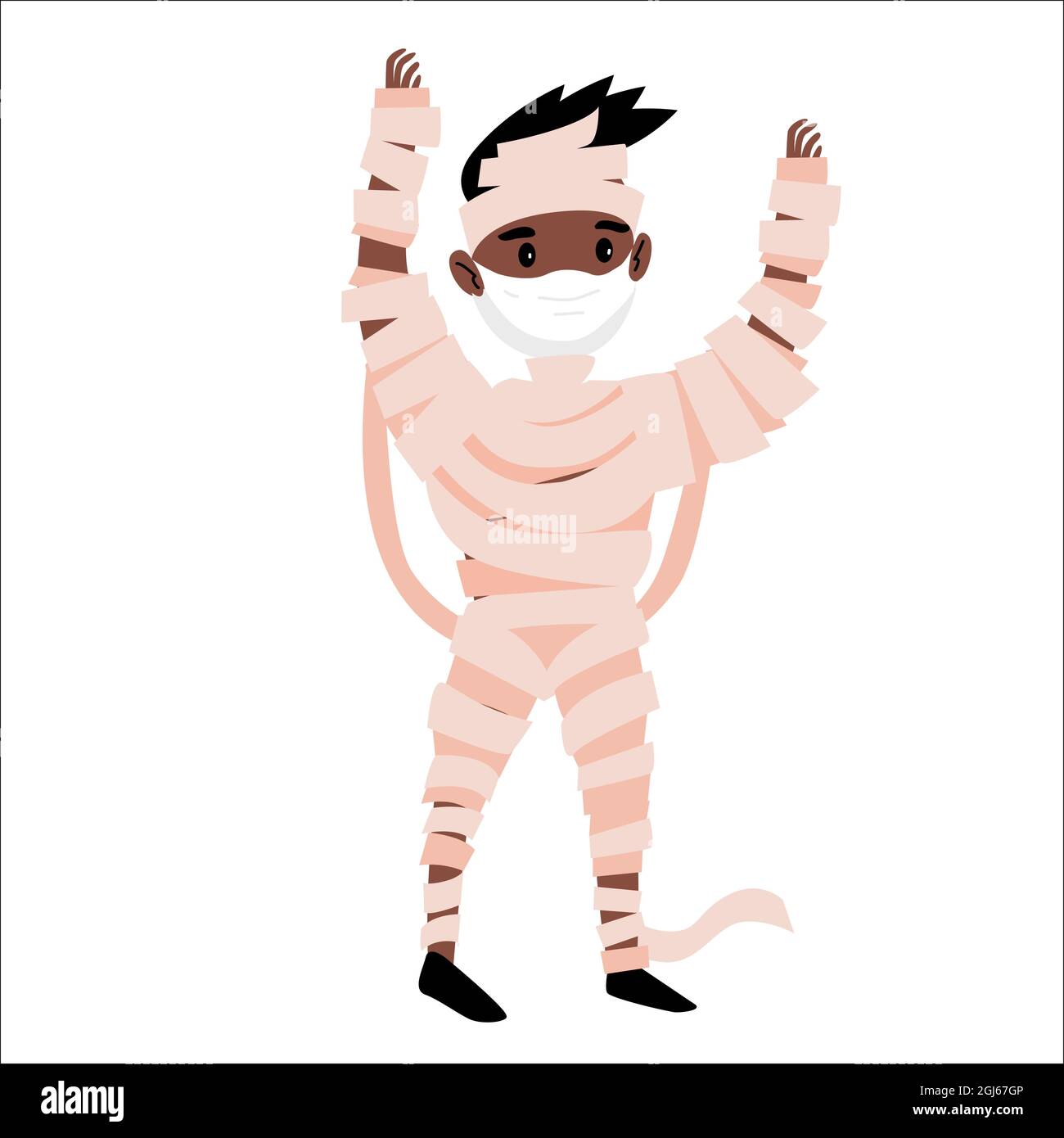 Niño en halloween momia traje y usar máscara protectora de la cara. Ilustración de protección del coronavirus para el concepto de vacaciones de Halloween. Ilustración vectorial Ilustración del Vector