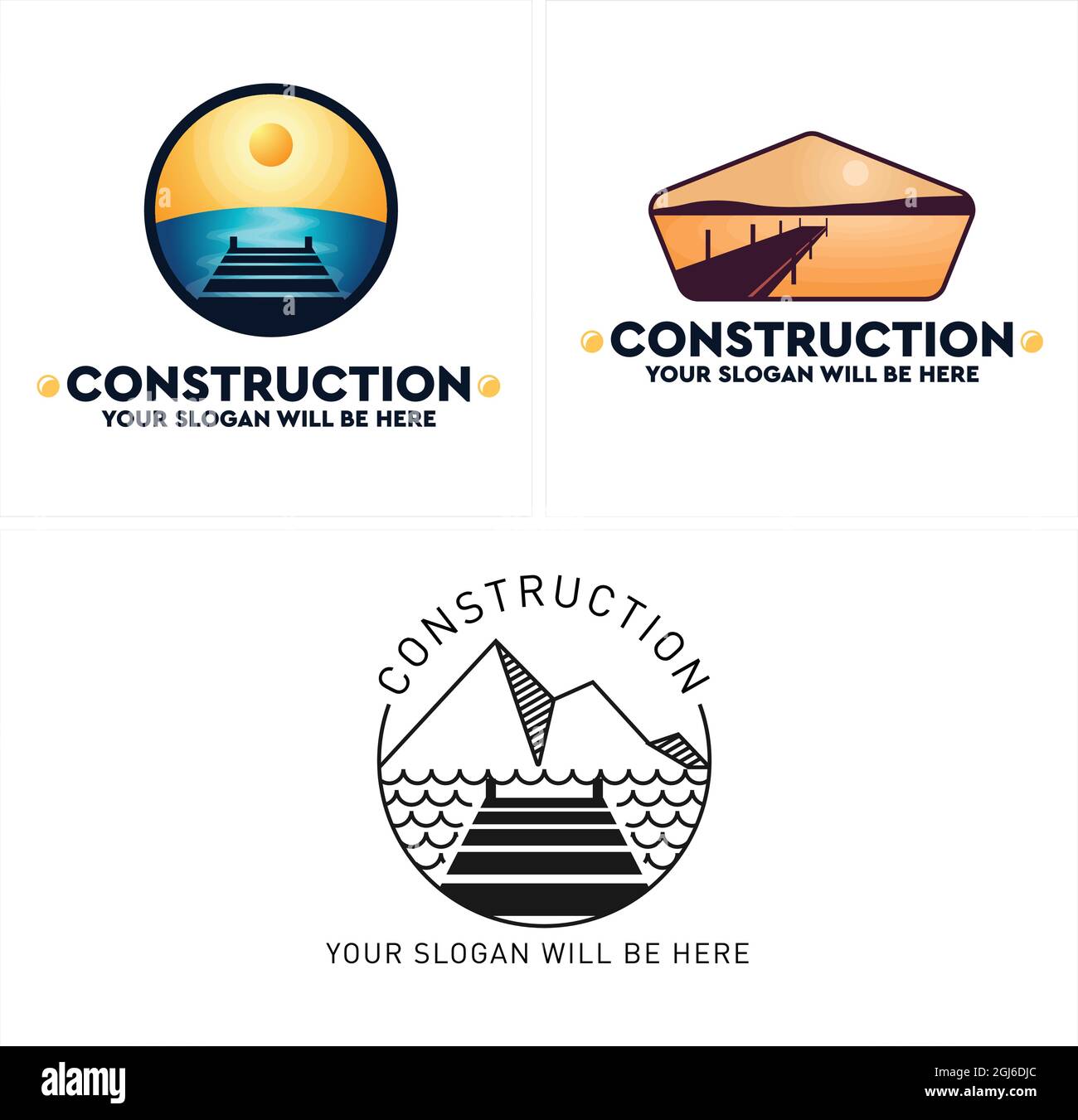 Construcción muelle reparación houseboat logo diseño Ilustración del Vector