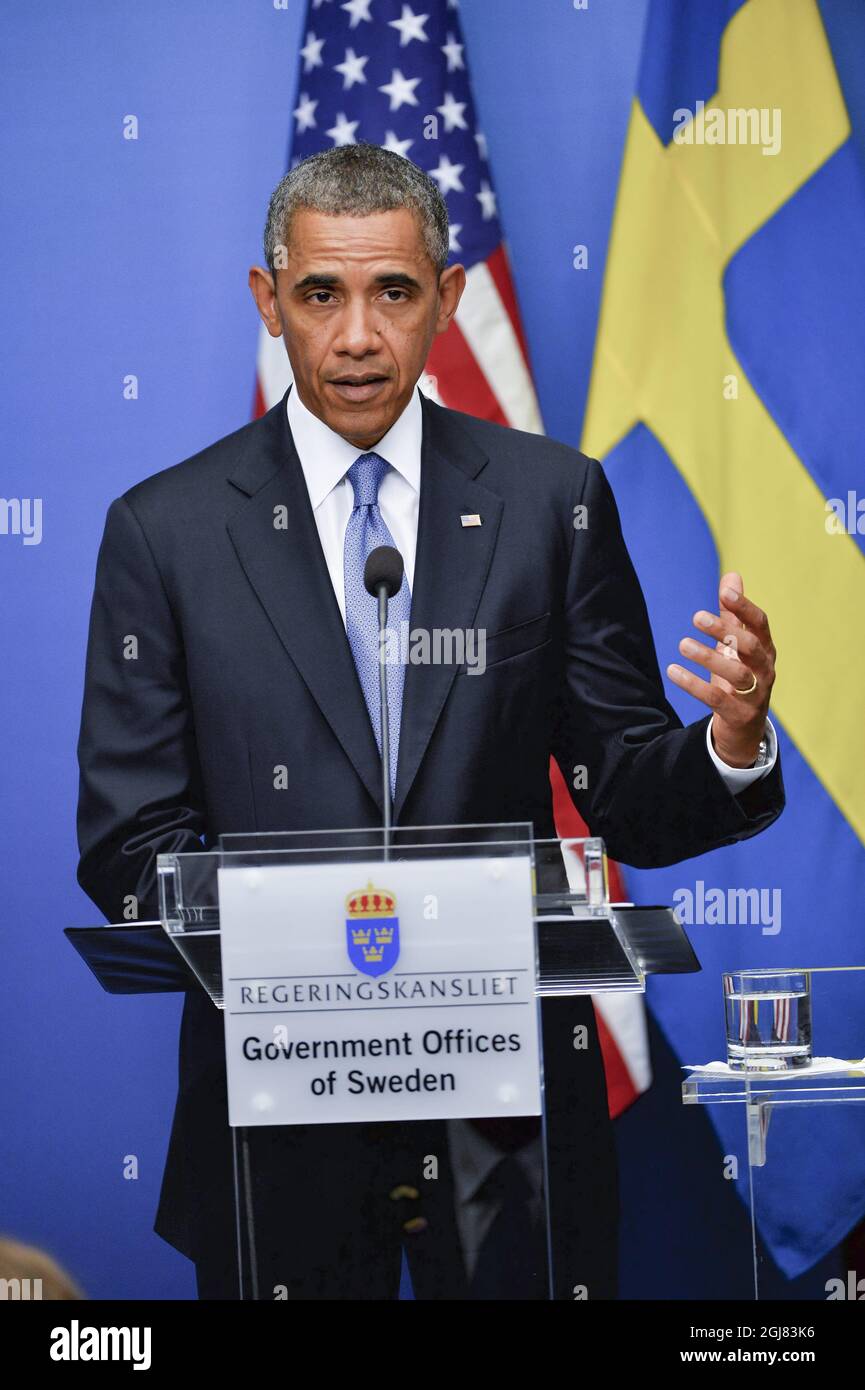 ESTOCOLMO 20130904 El Presidente de los Estados Unidos, Barack Obama, durante la conferencia de prensa en las oficinas gubernamentales de Estocolmo, Suecia, el 4 de septiembre de 2013. El Presidente Obama está en Suecia para celebrar conversaciones bilaterales antes de la cumbre de G20 en Rusia. Foto Jonas Ekstromer / SCANPIX kod 10030 Foto de stock