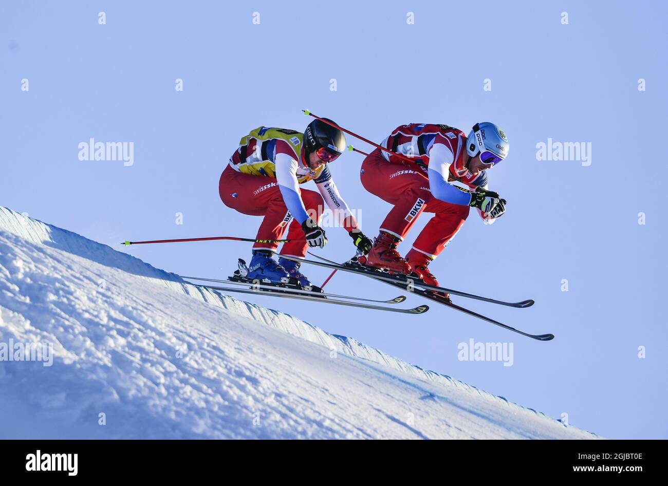 Romain Detraz y Joos Berry de Suiza en acción durante el evento de la Copa Mundial de Esquí Freestyle de FIS en Idre Fjall el sábado 20 de enero. 2019 Foto: Pontus Lundahl / TT / KOD 10050 Foto de stock