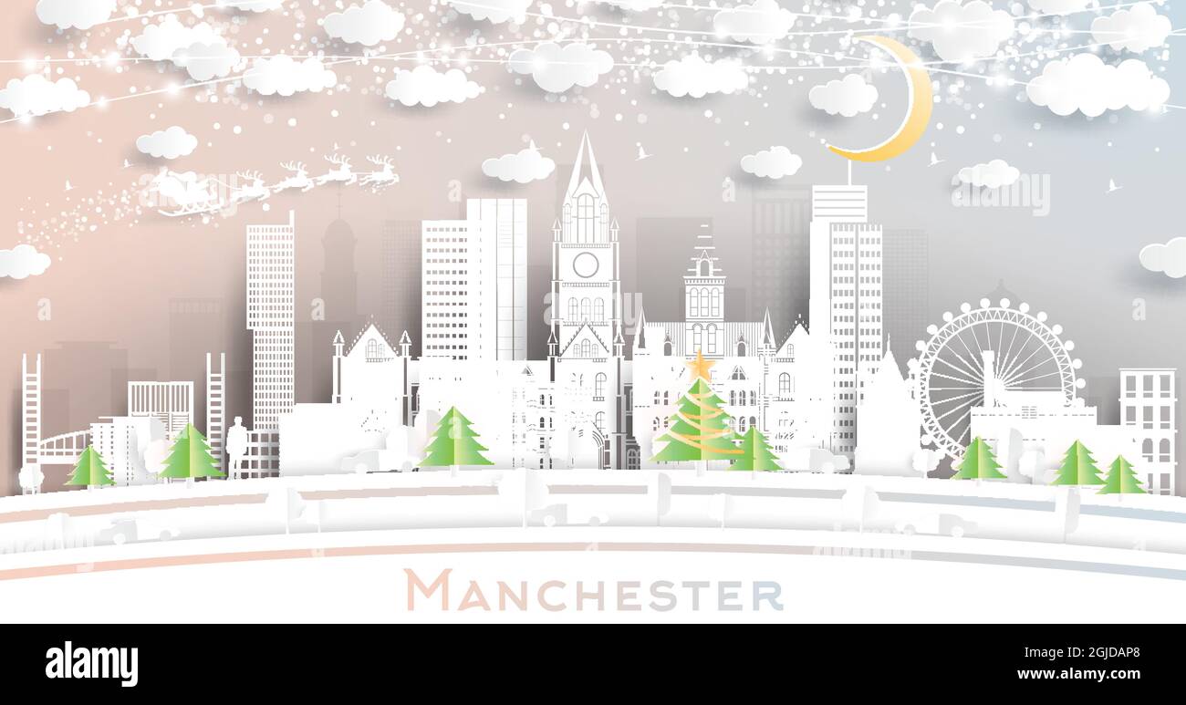 Manchester UK City Skyline en Paper Cut Style con Snowflakes, Moon y Neon Garland. Ilustración vectorial. Concepto de Navidad y Año Nuevo. Ilustración del Vector