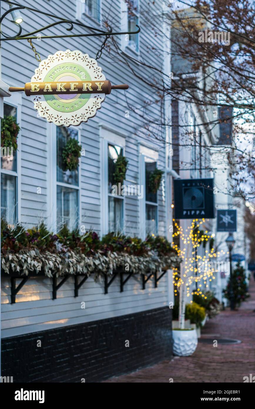 Los Estados Unidos, Nueva Inglaterra, Massachusetts, Nantucket Nantucket Island, Ciudad, signo de la Panadería Petticoat Fila Foto de stock