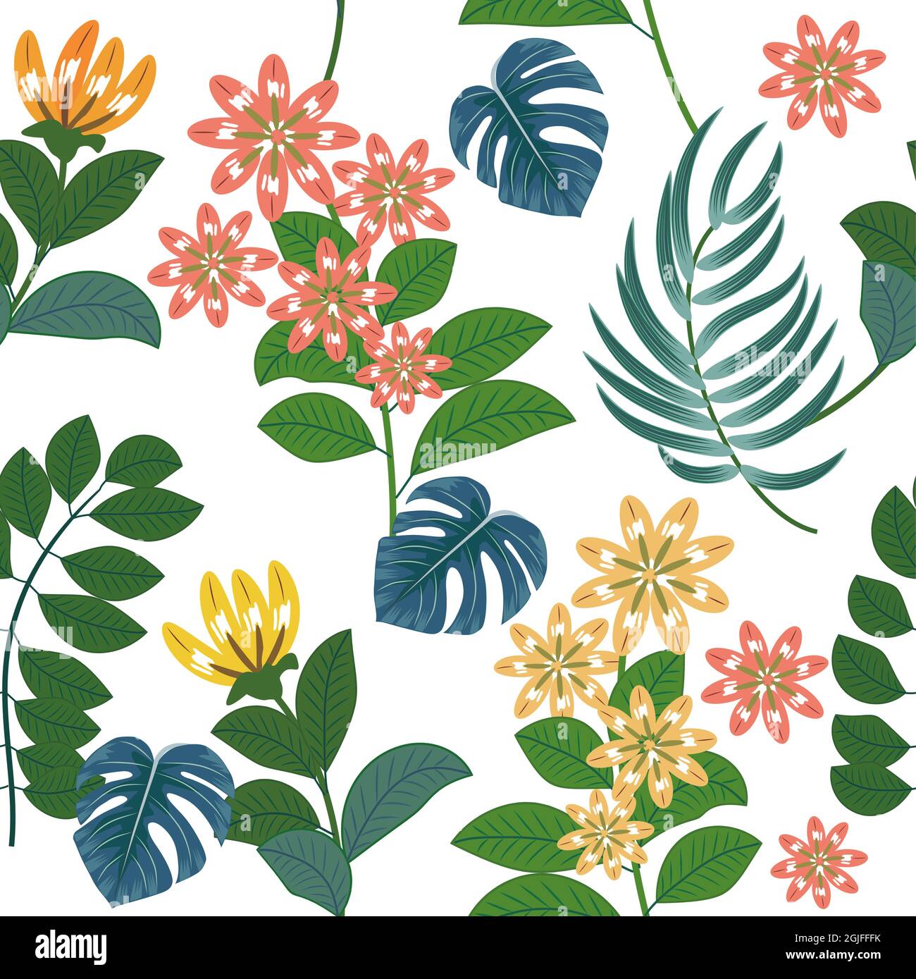 Diseño sin costuras con hojas tropicales de palmera y flores amarillas.  Fondo de vector botánica, fondo de pantalla de la selva Imagen Vector de  stock - Alamy