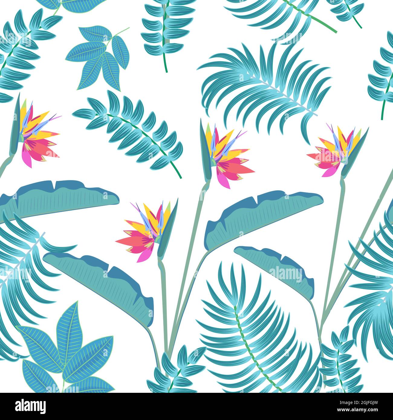 Vector tropical sin costuras con hojas de palmera y flores. Fondo de  botánica, fondo de pantalla de la selva Imagen Vector de stock - Alamy