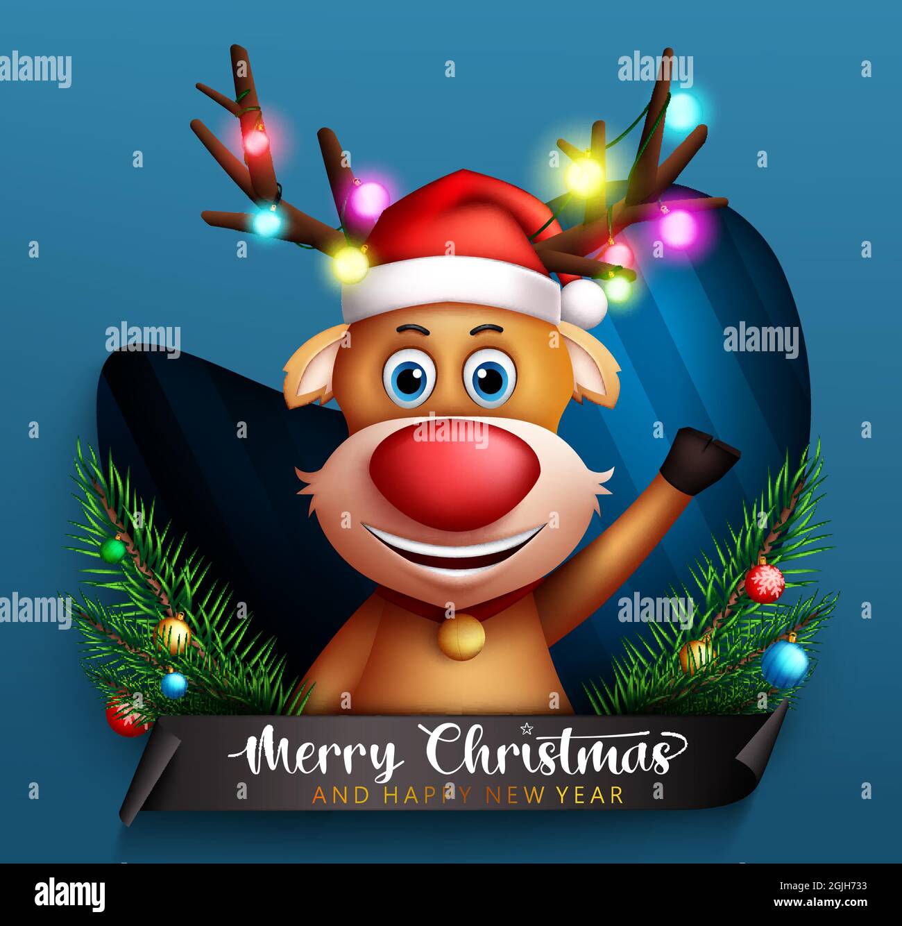 Diseño de diseño de vector de reno de Navidad. Feliz Navidad saludo texto  con sonriente y ondeando rojo nariz ciervo carácter de Navidad para felices  vacaciones Imagen Vector de stock - Alamy