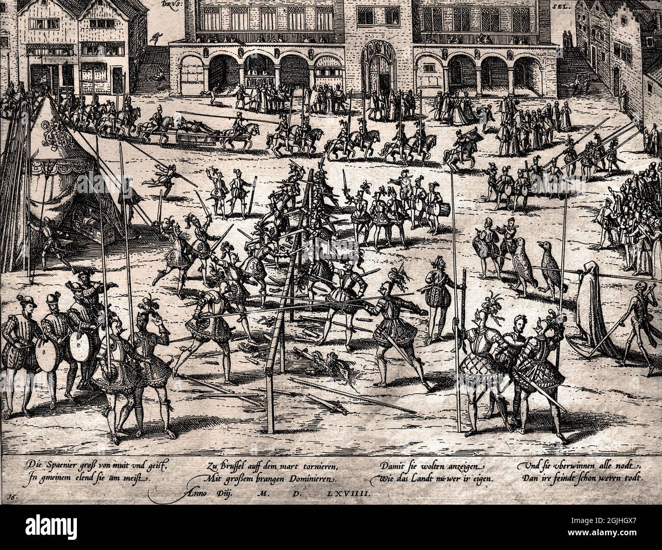 Torneo Español en Bruselas, ( De las guerras religiosas en los Países Bajos 1569 por Frans Hogenberg Holanda Foto de stock