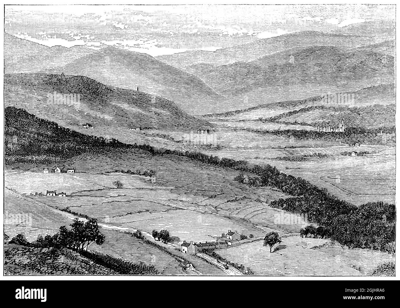 1887 grabado vintage del valle del río Dee con el castillo Balmoral en la distancia. Foto de stock