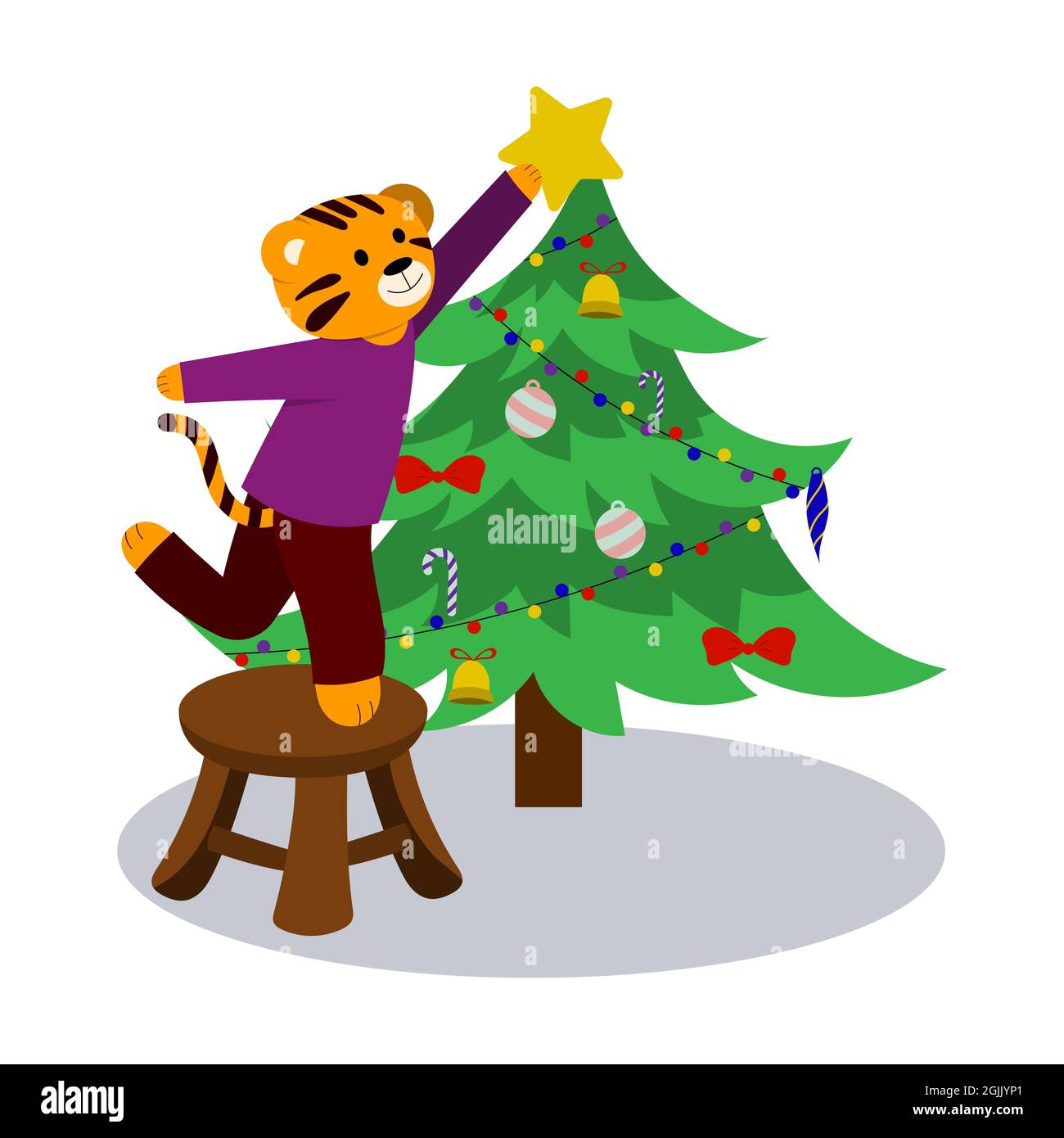 Ilustración de dibujos animados para niños. Un tigre decora un árbol  festivo de Navidad, Navidad, año nuevo. Vector Imagen Vector de stock -  Alamy