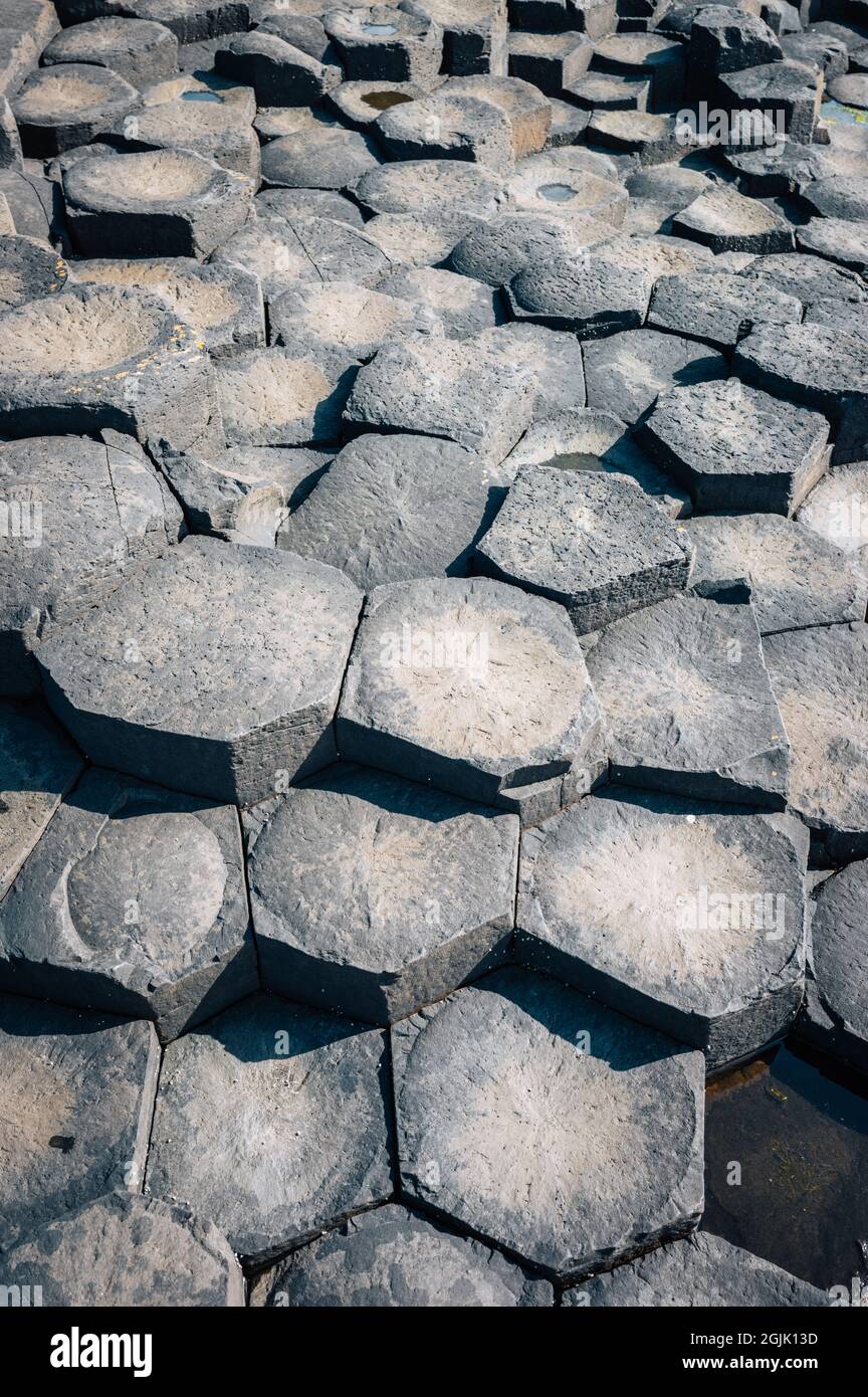 Giant's Causeway con sus emblemáticas columnas de basalto. Condado de Antrim, región de Ulster, Irlanda del Norte, Reino Unido. Foto de stock