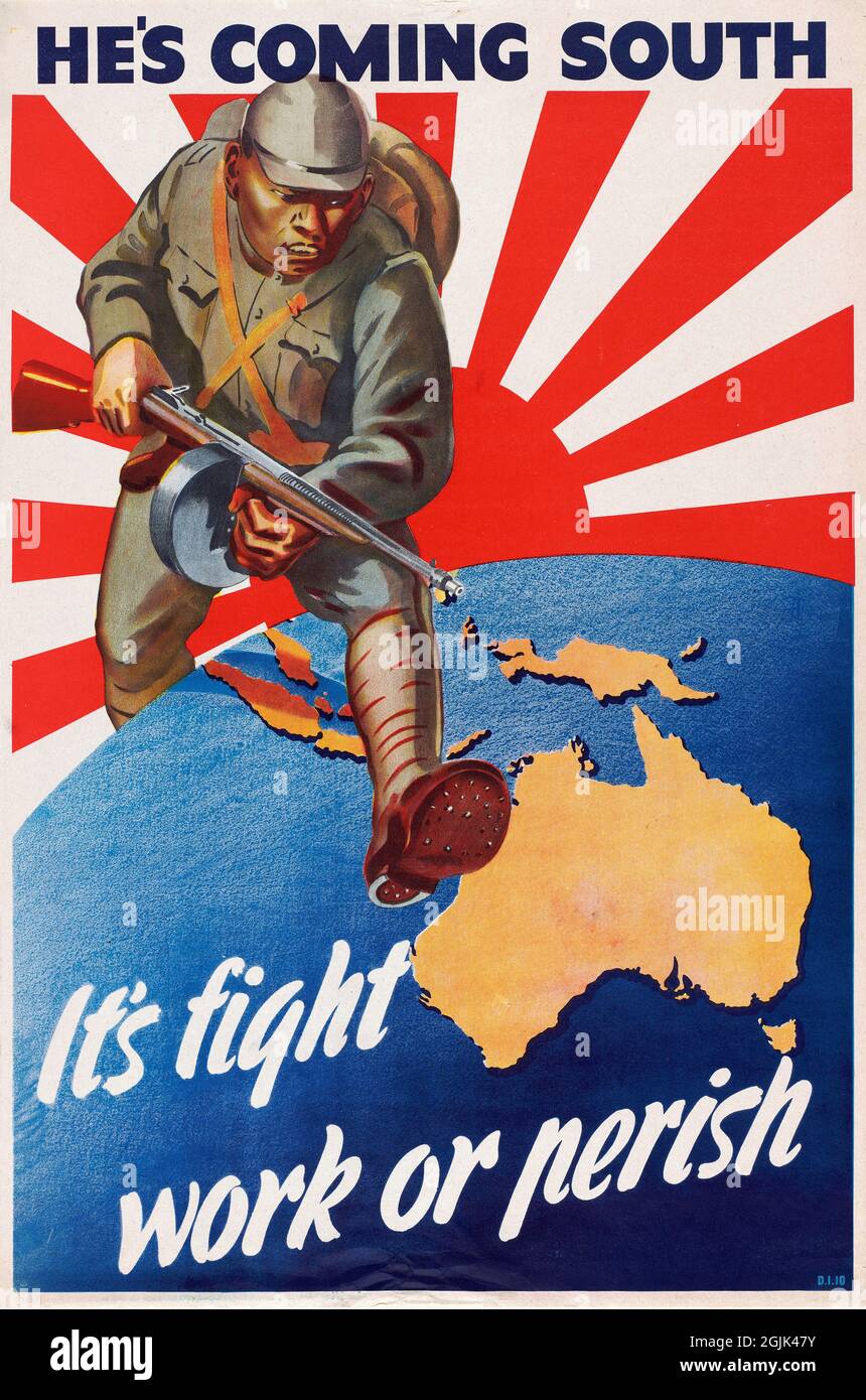 'Él viene al sur: Es lucha, trabajo o perecer' póster de la Segunda Guerra Mundial de Australia, 1939-45 Foto de stock