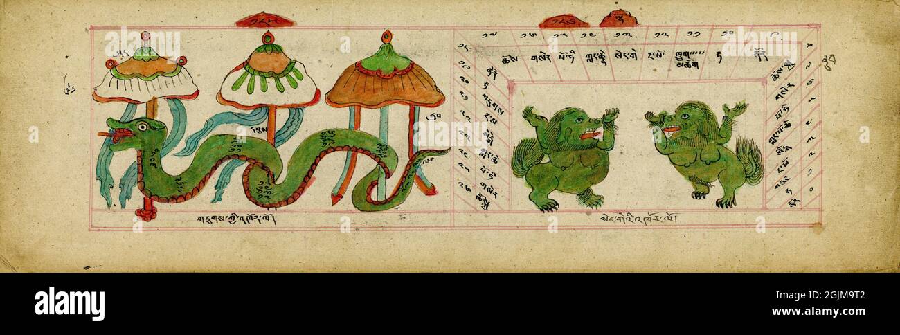 Una página de 'El Libro de la Astrología de Mongolia', un manuscrito del  siglo 19th que contiene numerosas cartas utilizadas por astrólogos  mongoles. Generalmente monjes budistas, estos astrólogos usaron cartas para  calcular