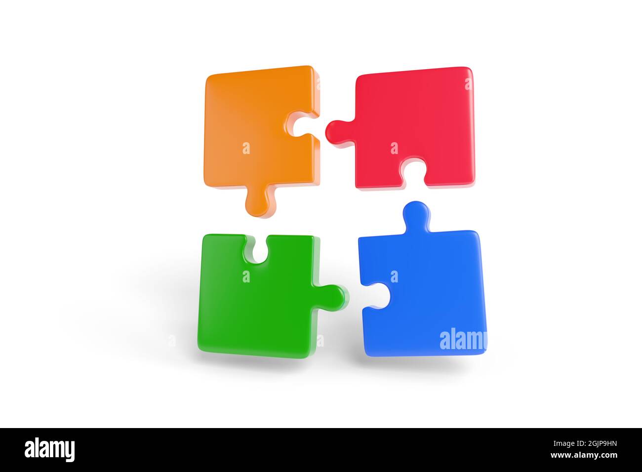 Cuatro piezas de rompecabezas, rojo, azul, verde y naranja, se unen en tres Concepto de trabajo en equipo. ilustración 3d Fotografía de stock - Alamy