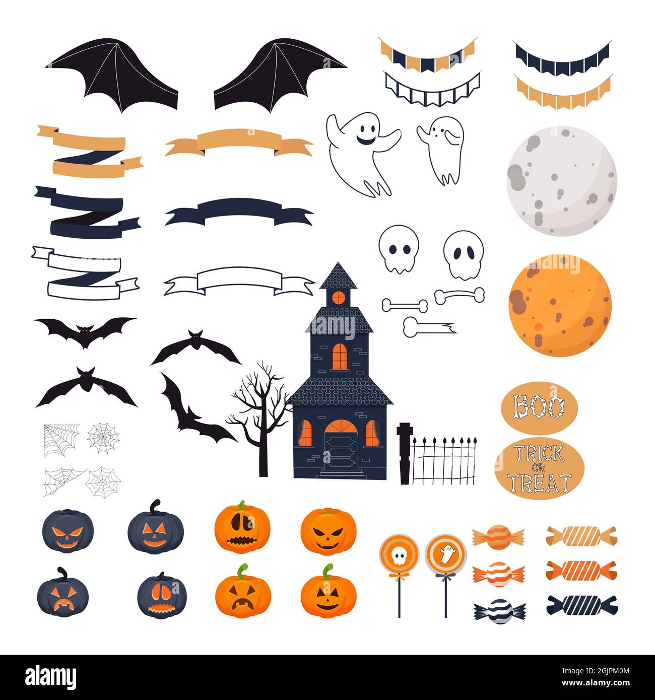 Halloween conjunto con elementos espeluznantes en forma de dibujos animados  silueta aislada sobre fondo blanco. Diferentes calabaza, fantasmas,  murciélago negro. Decoraciones de vacaciones Imagen Vector de stock - Alamy