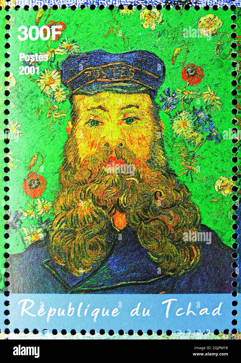 MOSCÚ, RUSIA - 17 DE ABRIL de 2021: Sello postal impreso en Chad muestra Retrato del cartero Joseph Roulin, Vincent Van Gogh serie, alrededor de 2001 Foto de stock