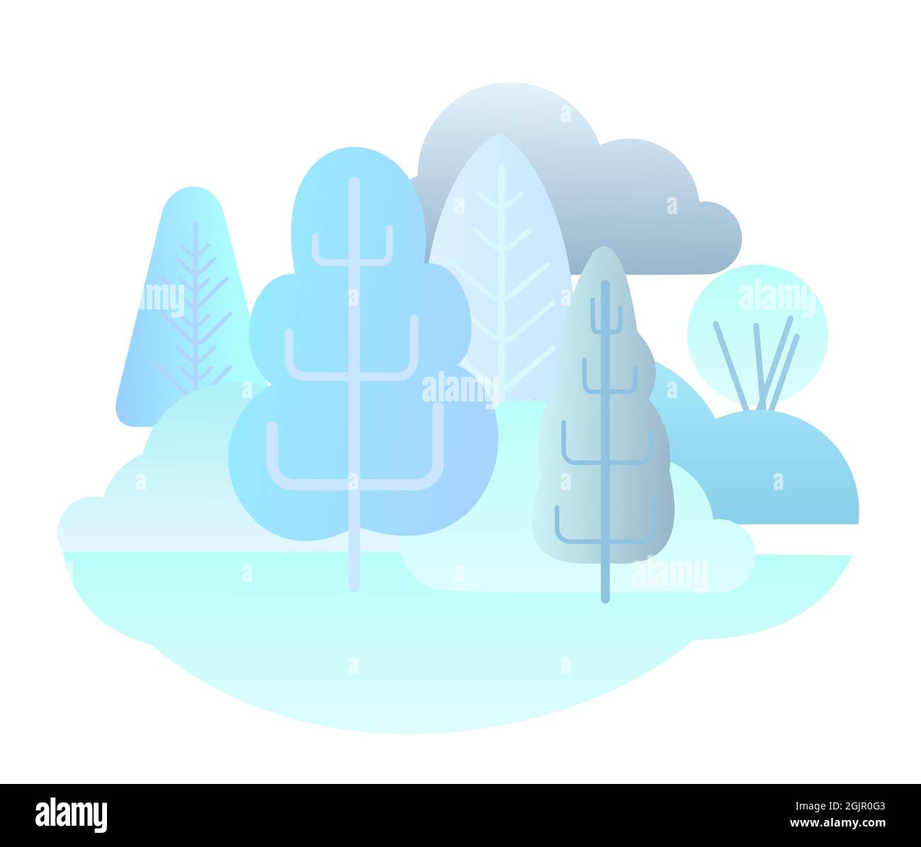 Paisaje forestal de invierno. Ilustración simbólica de estilo plano. Paisaje con árboles, arbustos y snowdrifts. Vida silvestre rural. Vistas al campo con heladas Ilustración del Vector