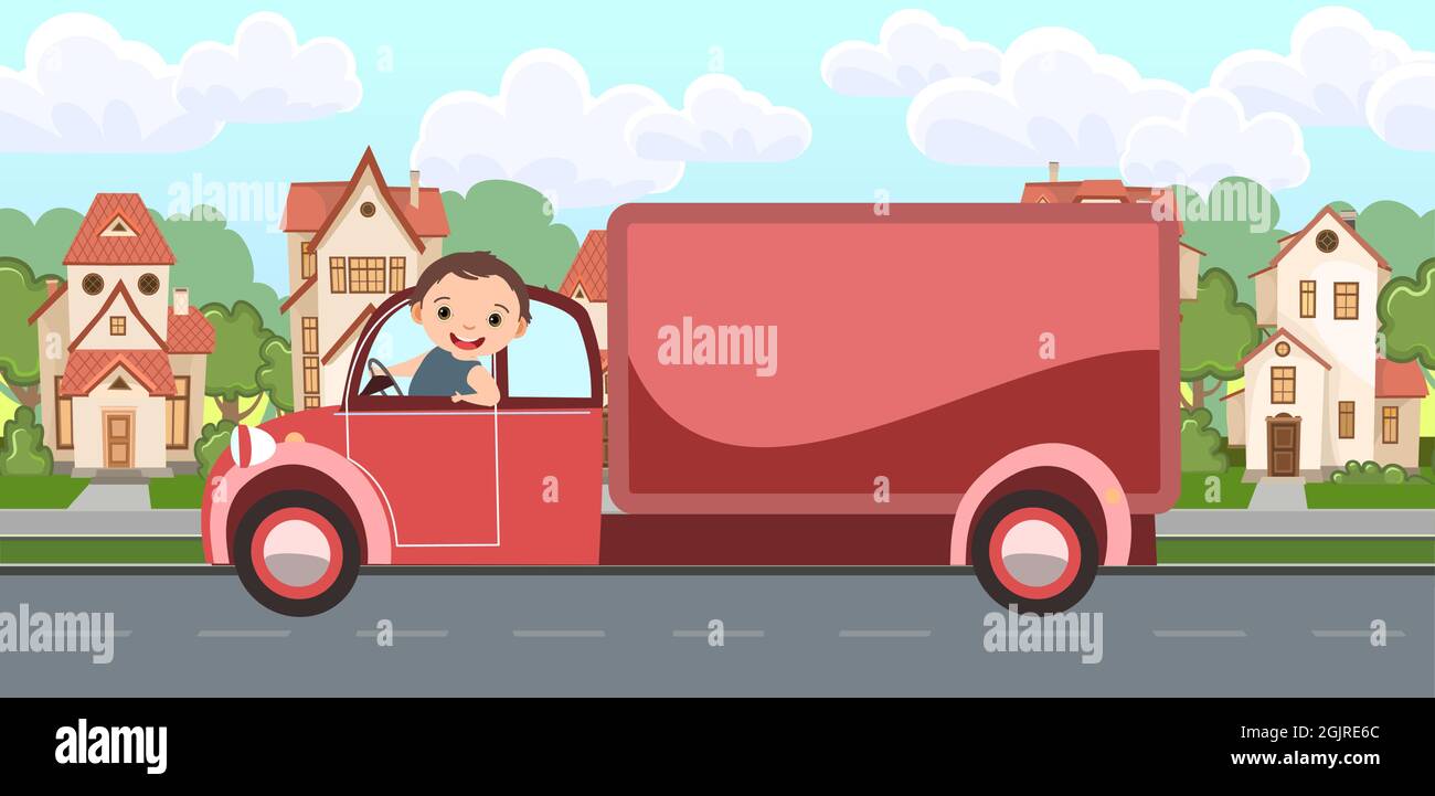 Camión. Ilustración de dibujos animados para niños. Niños de vacaciones. Paisaje urbano con carretera suburbana. Turismo automotor. Viaje niños. Divertido y feliz Ilustración del Vector