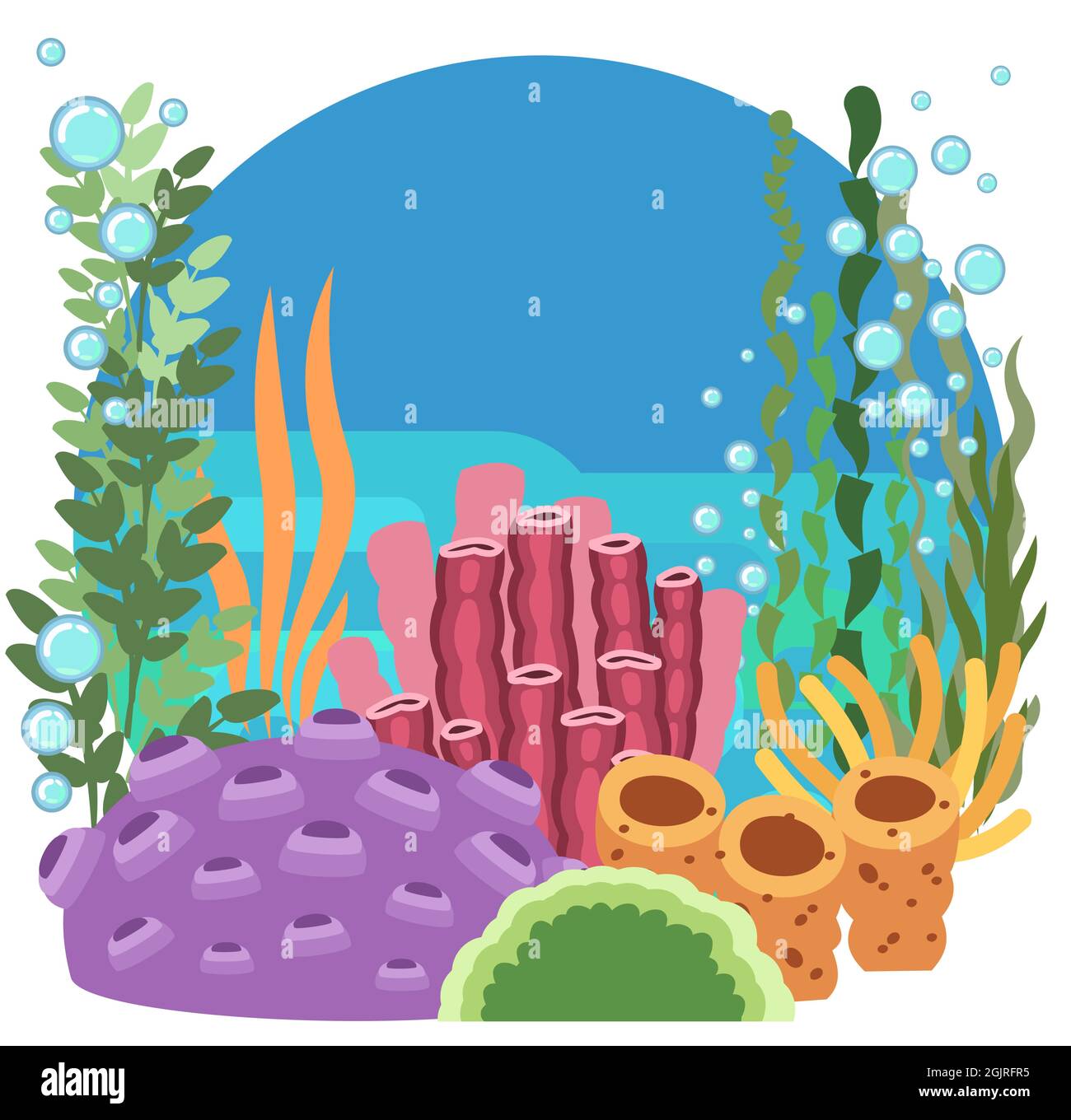 Fondo del depósito. Mar océano. Bajo el agua. Paisaje con plantas, algas y  corales. Burbujas. Aislado. Ilustración en estilo de dibujos animados.  Arrecife de coral Imagen Vector de stock - Alamy