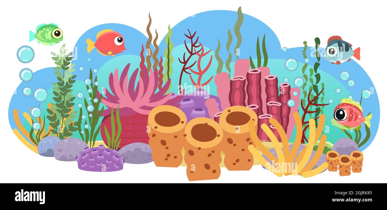 Fondo del depósito. Mar océano. Arrecife de coral. Bajo el agua. Paisaje  con plantas, algas y corales. Burbujas. Aislado. Ilustración en estilo de  dibujos animados Imagen Vector de stock - Alamy
