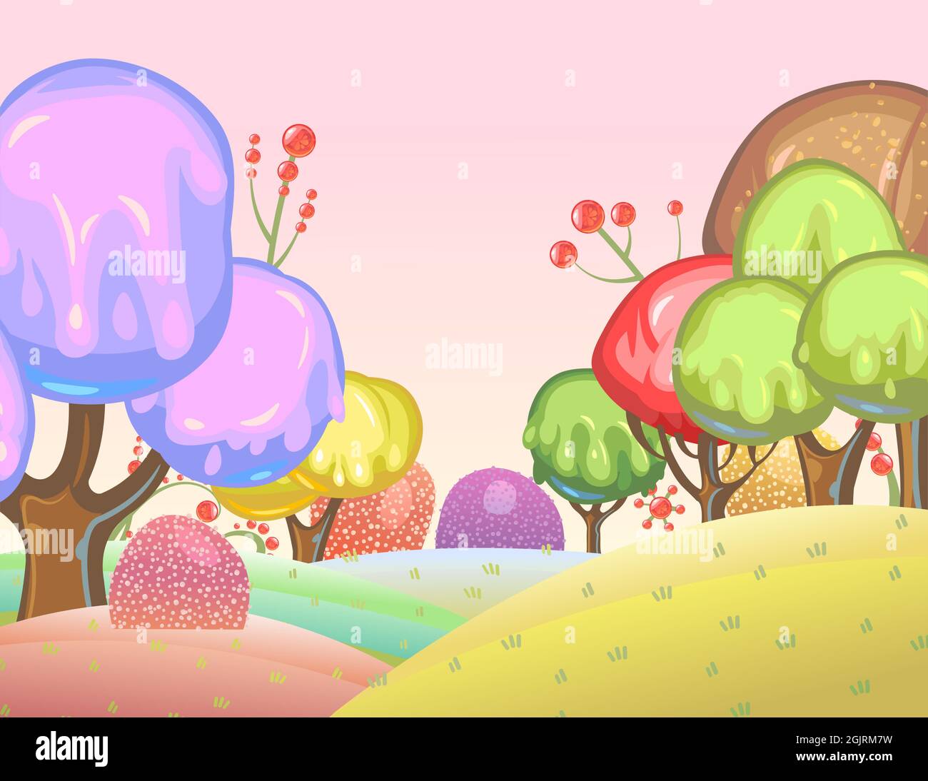 Fondo de caramelo. Tierra dulce de dibujos animados. Perlas de jalea, helado y caramelo. Chocolate. Lindo paisaje de hadas para niños. Cielo. Precioso, fantástico Ilustración del Vector