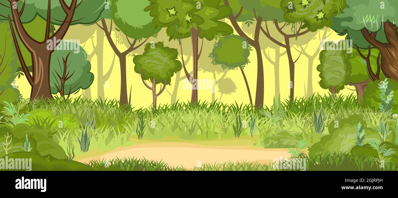 Glade en el bosque verde de verano. Robles en la hierba. Estilo de dibujos animados planos. Paisaje rural con densos matorrales. Vector de ilustración Ilustración del Vector