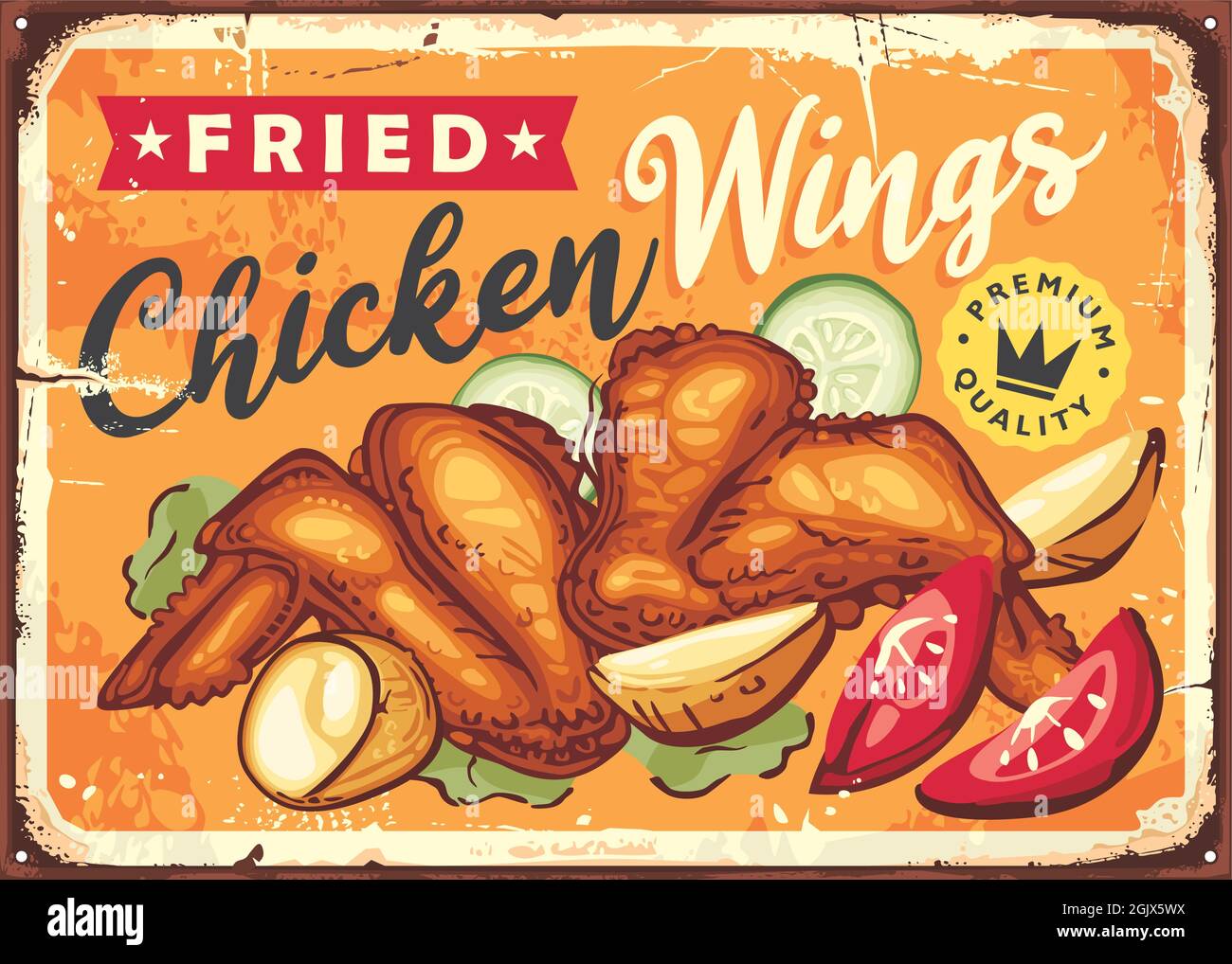 Menú de cartel retro con alas de pollo frito para el restaurante de comida  rápida. Diseño de póster vintage de carne frita. Ilustración de alimentos  vectoriales Imagen Vector de stock - Alamy