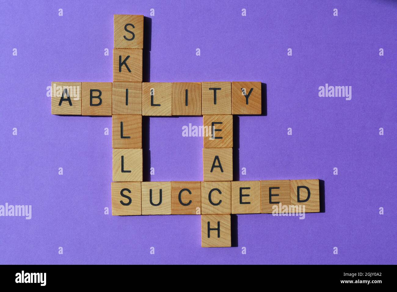 Habilidades, habilidad, enseñar, tener éxito, palabras en letras del alfabeto de madera en forma de crucigrama aisladas sobre fondo púrpura Foto de stock