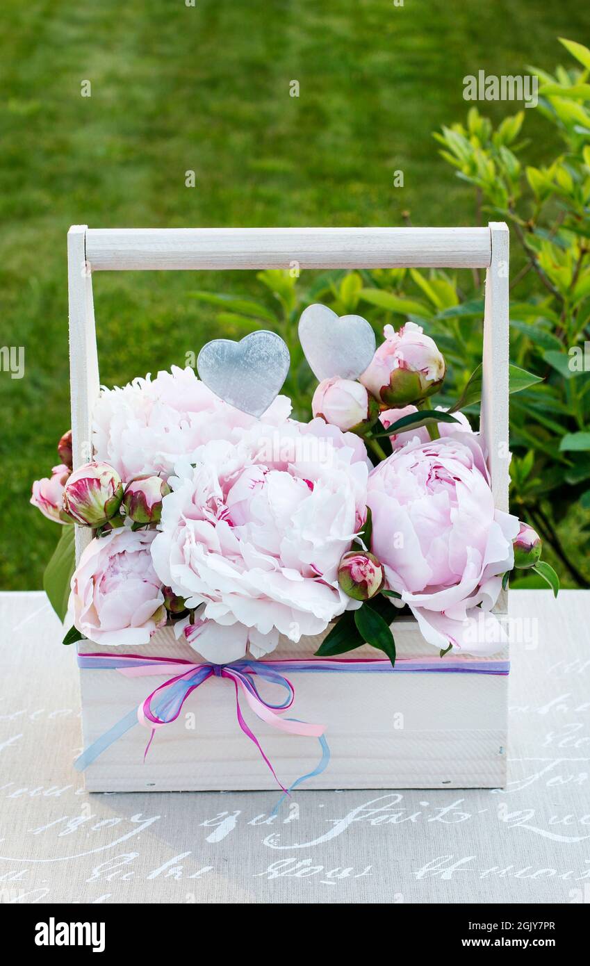 Arreglo floral con peonías en caja de madera. Decoración de fiesta en el  jardín Fotografía de stock - Alamy