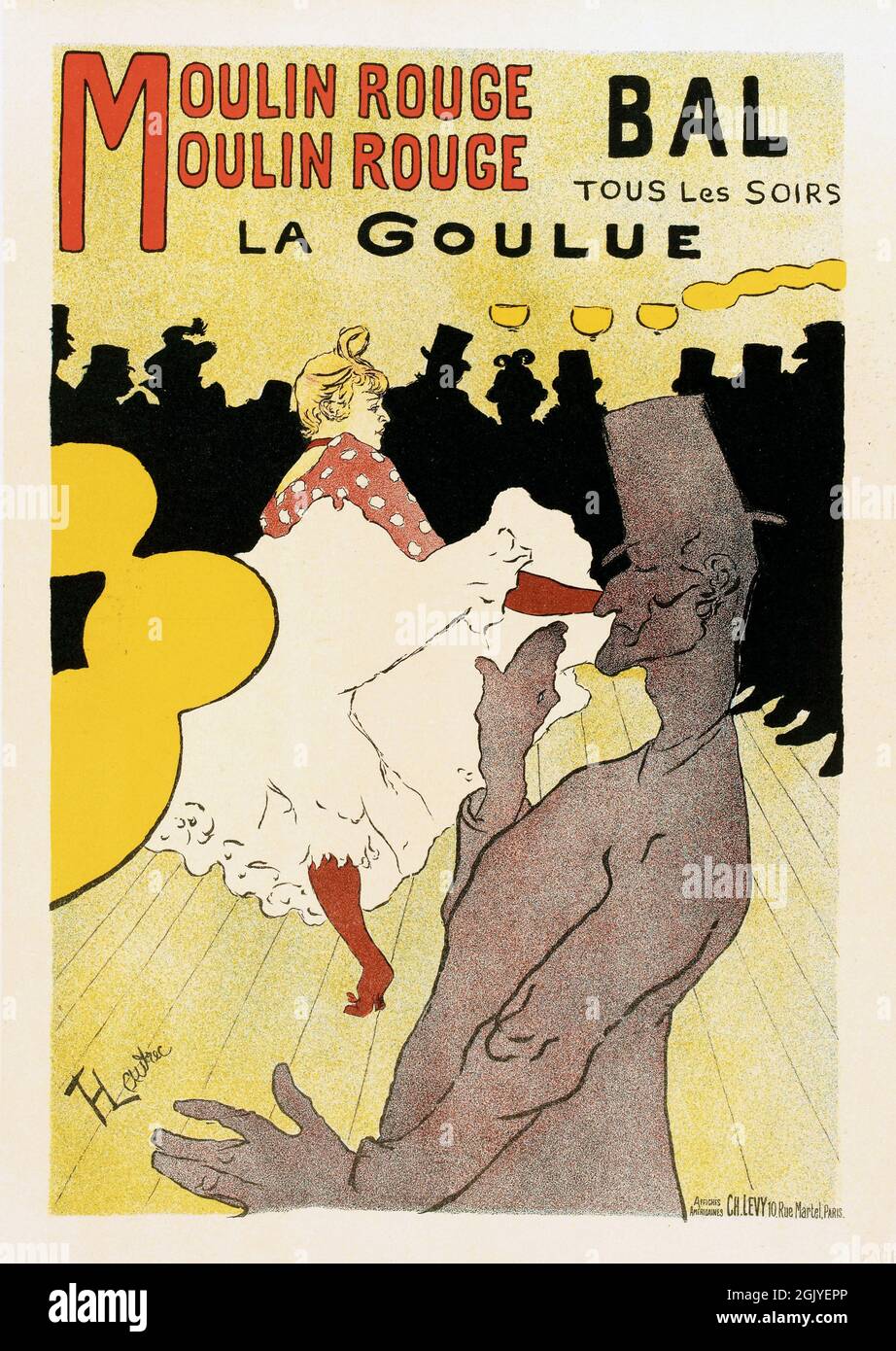 Cartel de la Vintage que anuncia bailes y pelotas en Moulin Rouge, Bal tous les soirs La Goulue Moulin Rouge por Henri de Toulouse-Lautrec, 1891. Foto de stock