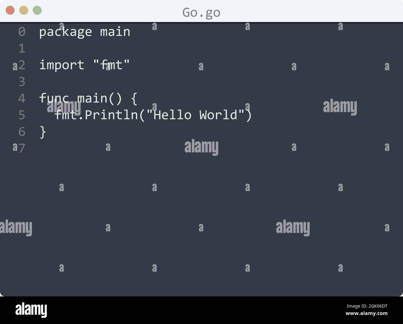 Go language Hola Mundo programa ejemplo en la ilustración de la ventana del  editor Imagen Vector de stock - Alamy
