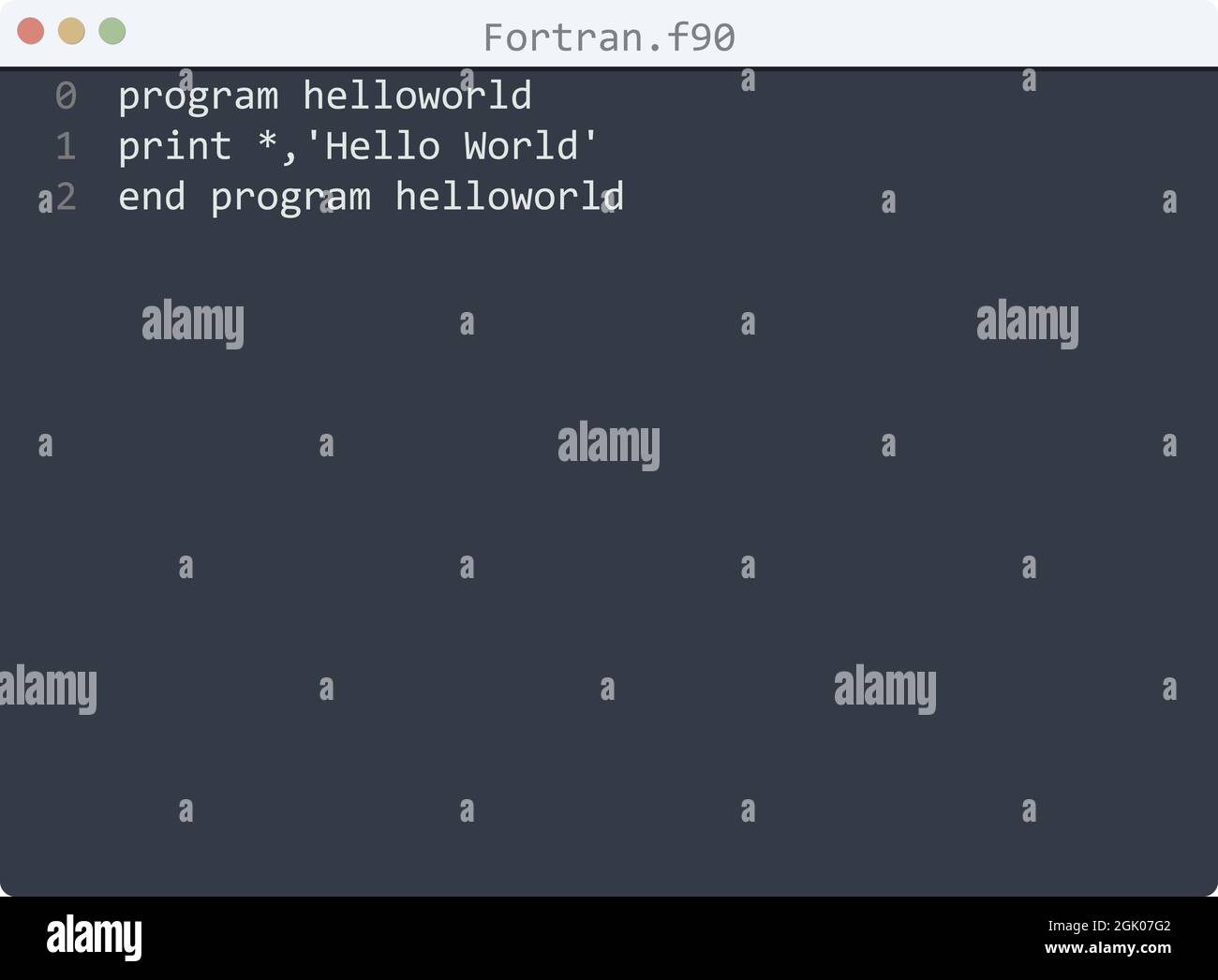 Ejemplo de programa de lenguaje Fortran Hello World en la ilustración de la  ventana del editor Imagen Vector de stock - Alamy