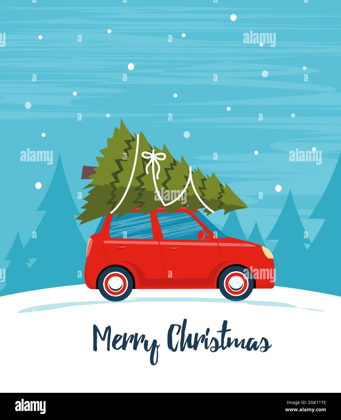 Lindo coche retro rojo con árbol de navidad en el techo. Feliz Navidad y feliz año nuevo tarjeta de felicitación, postal, póster, banner, invitación de diseño. Mer Ilustración del Vector