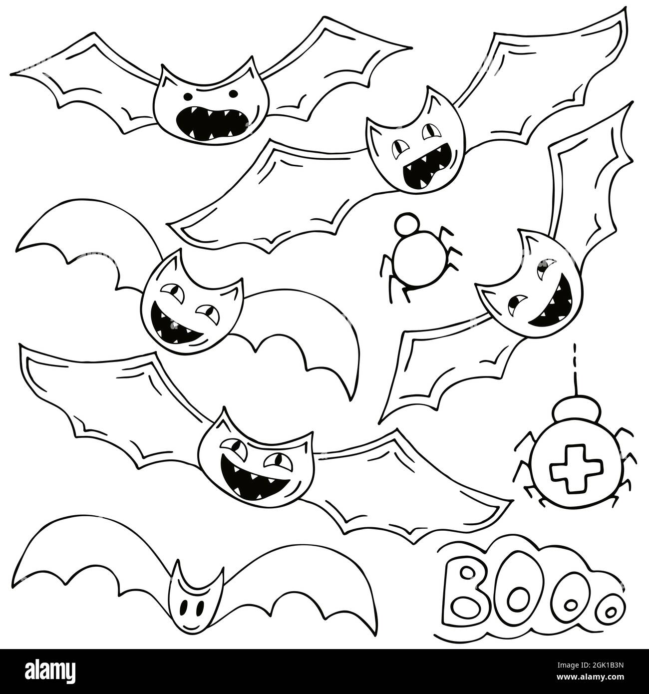 Juego de murciélagos en estilo de dibujo a mano. Colección de ilustraciones  vectoriales para el diseño de Halloween. Elementos para colorear, estilo de  dibujos animados. Señal, pegatina, pin Imagen Vector de stock -