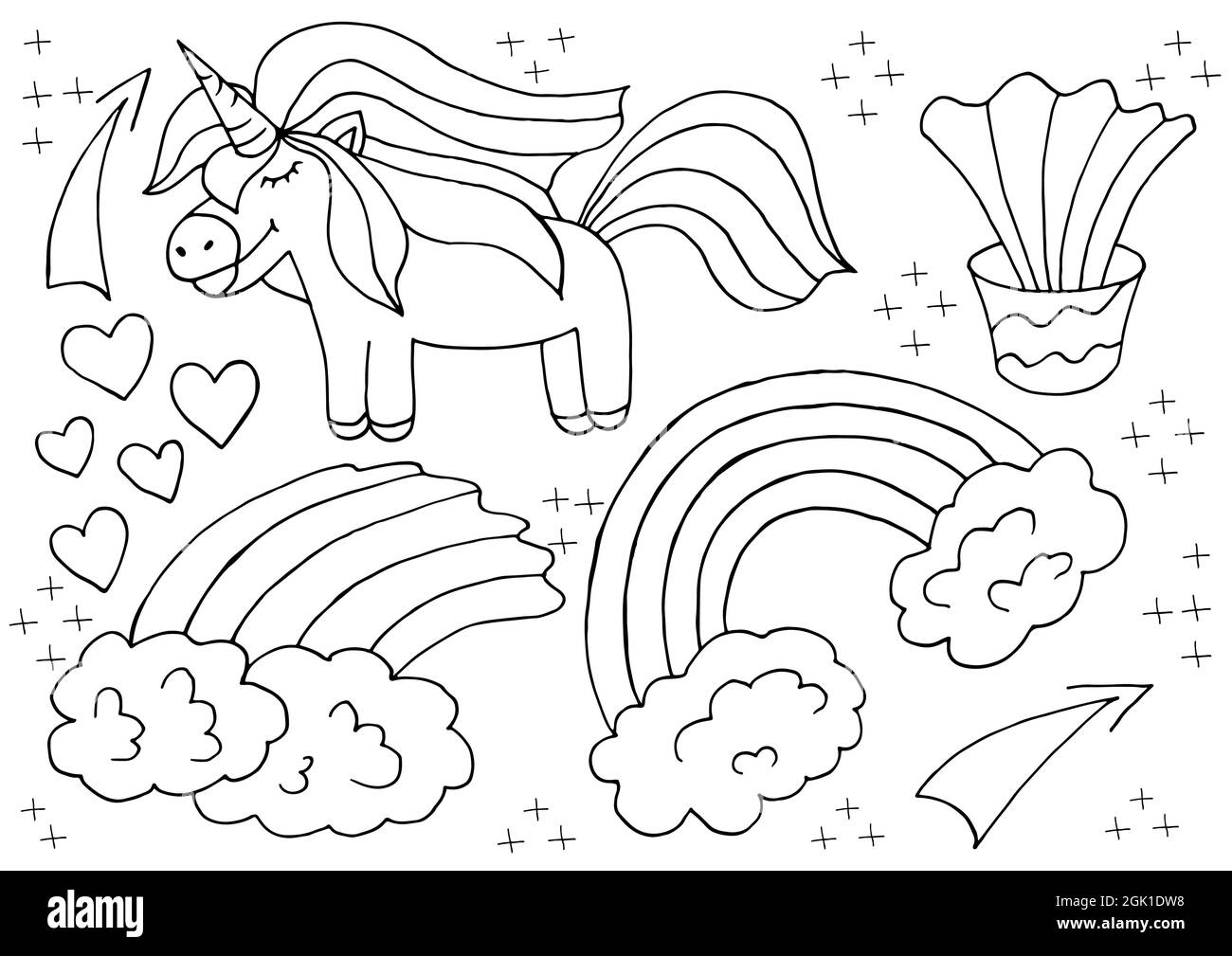 Elementos de diseño unicornio para colorear con estilo de dibujo a mano.  Colección de hadas de chicas. Unicornio, cuerno, arco iris, corazón. Iconos  unicornios, estilo de dibujos animados. Señal, sticke Imagen Vector
