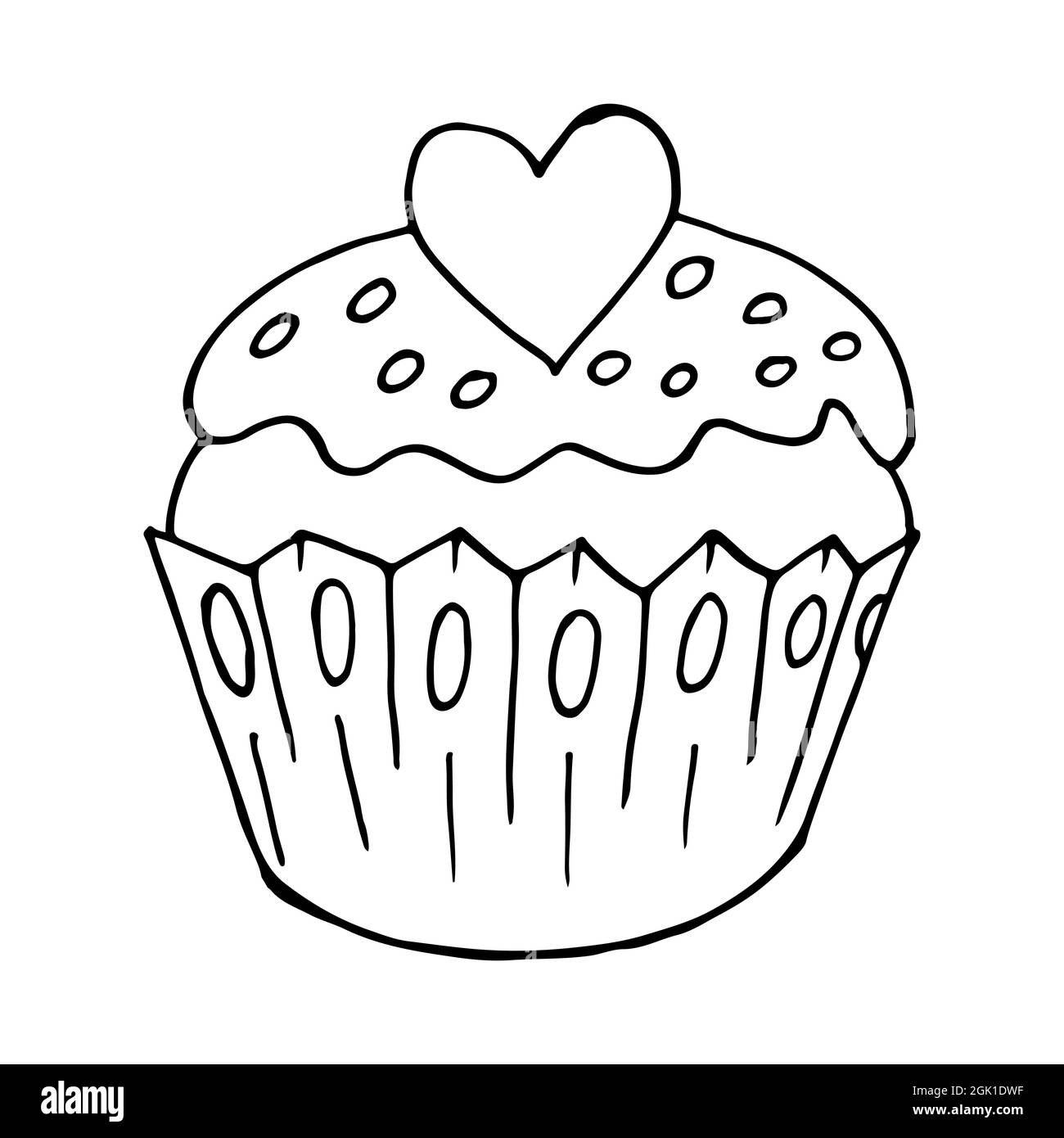 Icono de cupcake lineal con corazón, muffin en estilo de dibujo a mano.  Ilustración vectorial para su diseño. Dibujo de contorno, libro para  colorear. Señal, icono, pegatina, p Imagen Vector de stock -