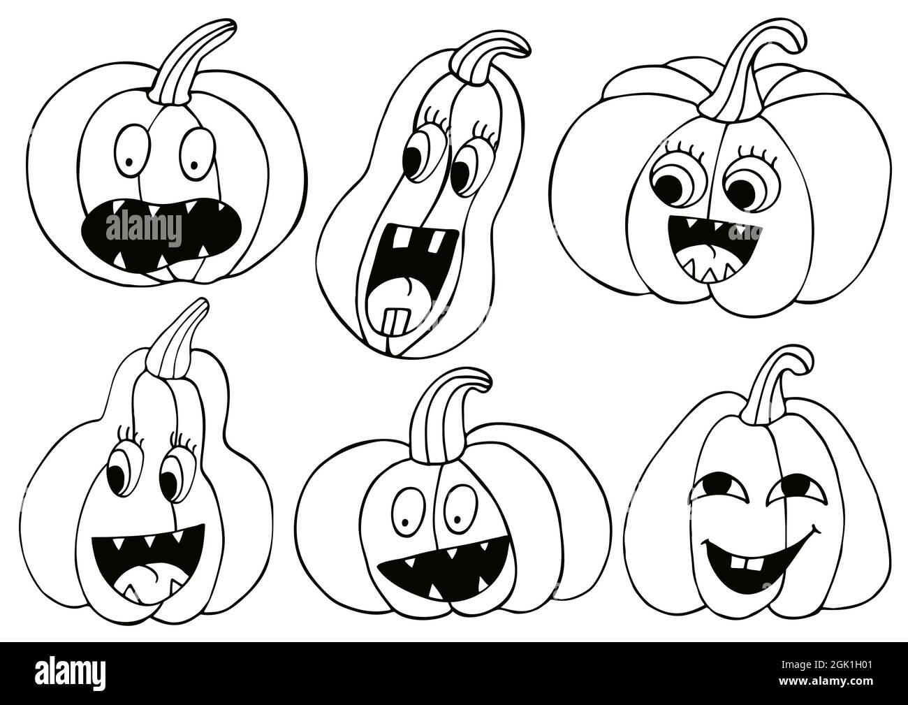 Juego de calabazas bonitas con diseño de dibujo a mano. Colección de  ilustraciones vectoriales para el diseño de Halloween. Estilo para colorear.  Señal, pegatina, pin Imagen Vector de stock - Alamy