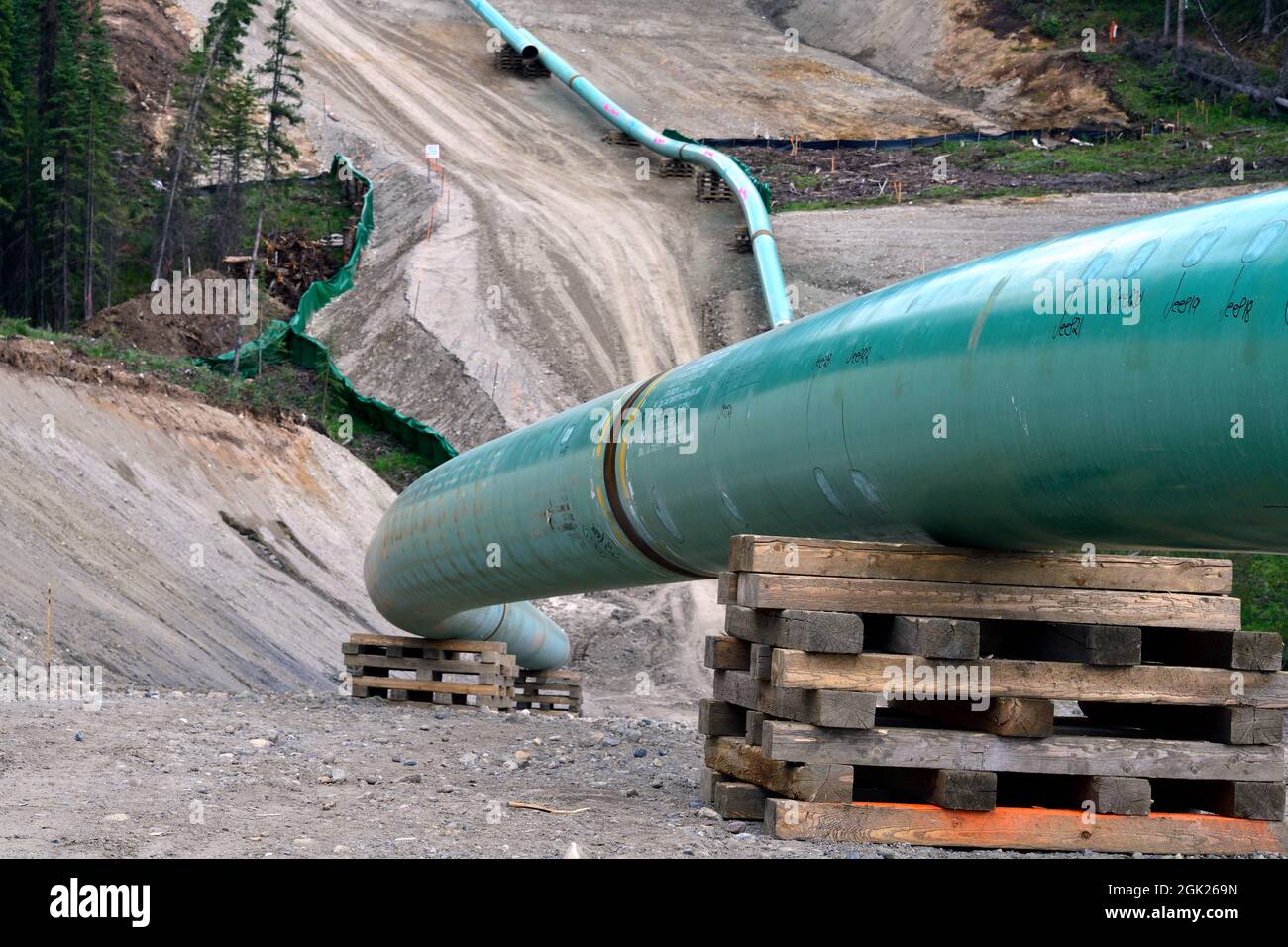 Construcción del oleoducto Trans Mountain a través de las montañas rocosas cerca de Hinton, Alberta, Canadá Foto de stock