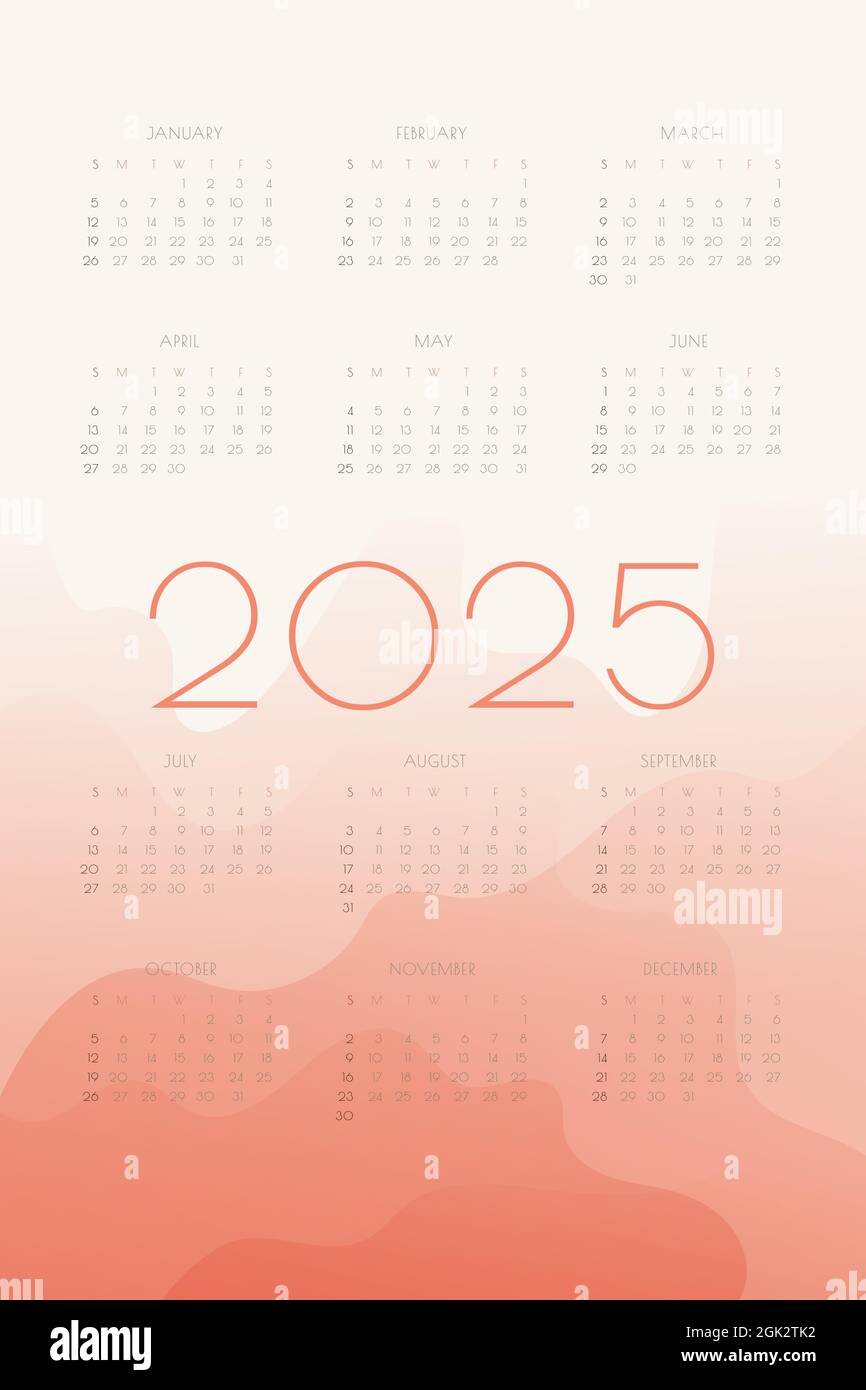 calendario 2025 con formas de onda fluidas de gradiente de coral