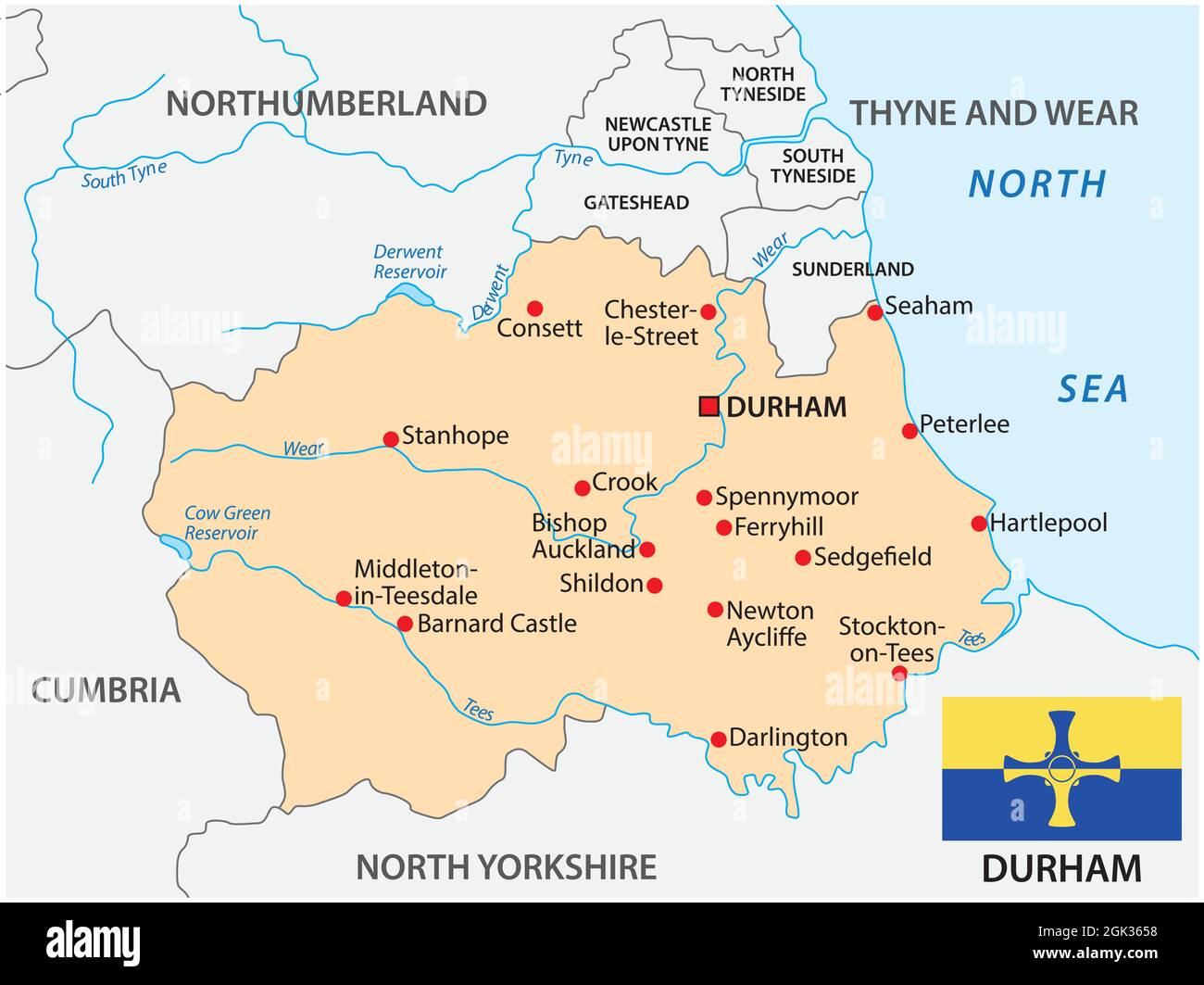 Mapa vectorial del condado de Durham con bandera, inglaterra Ilustración del Vector