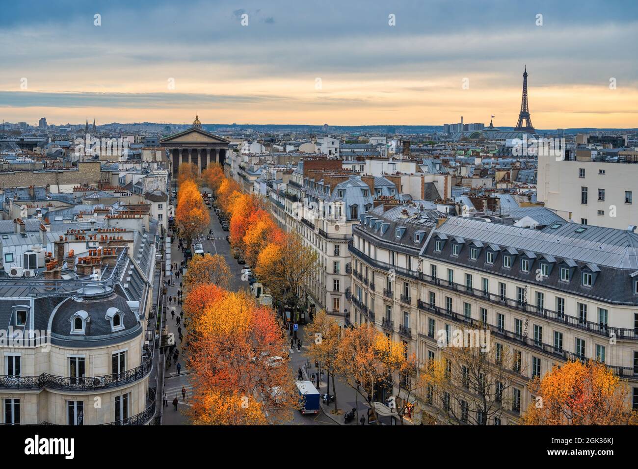 París Francia, vista de gran angular de la Torre Eiffel y el horizonte de la ciudad con la temporada de follaje otoñal Foto de stock