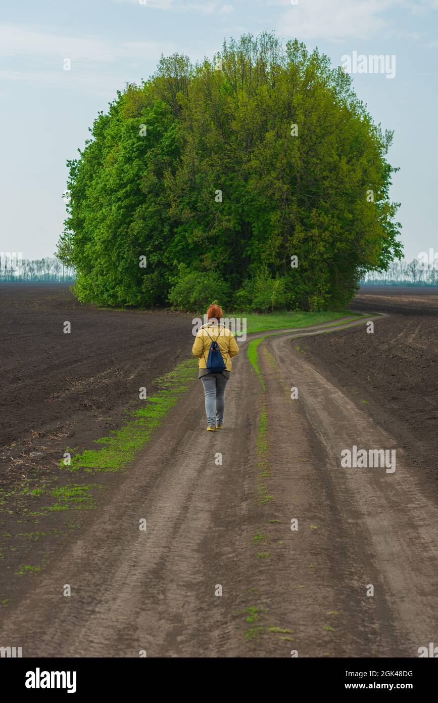 La mujer viaja por el camino de la tierra entre los campos agrícolas. Paisaje en localidad llana. Temporada de primavera, mayo. Cubierta. Ucrania. Europa. Foto de stock
