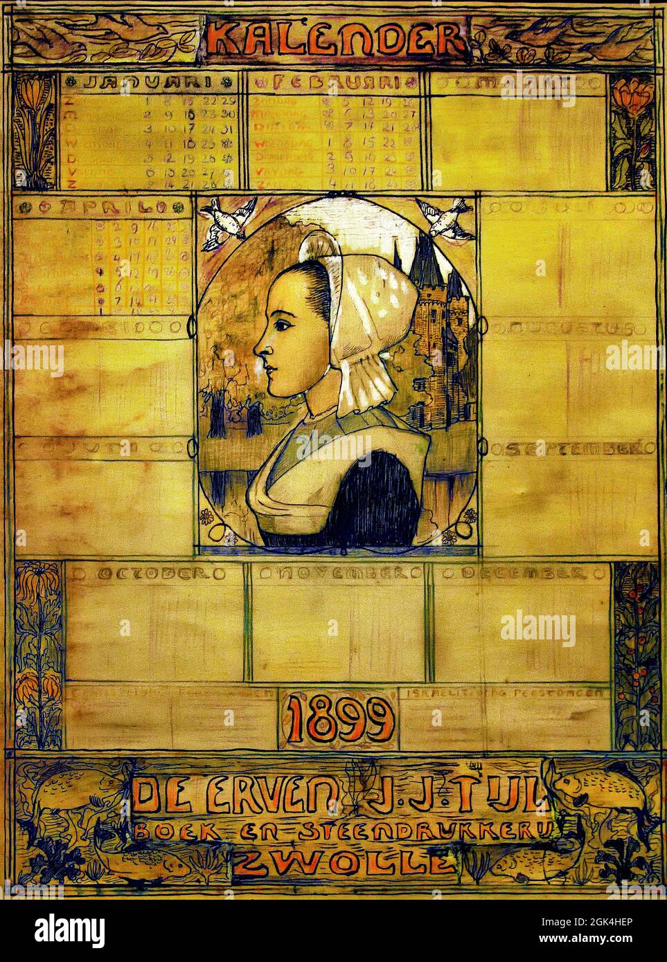 Calendario de la niña campesina 1899 por Johan Cohen ( Boek y Steendrukkerij De Erven J.J. Tijl. Zwolle, 1898, ) Holanda, holandés, Libro y Stone Printing Company Foto de stock
