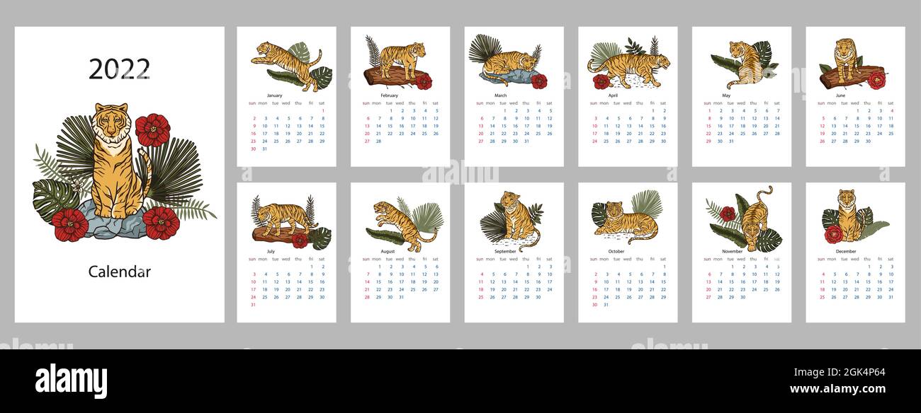Descargar plantilla de diseño de calendario para 2022, el año del tigre  según el calendario chino o orien…